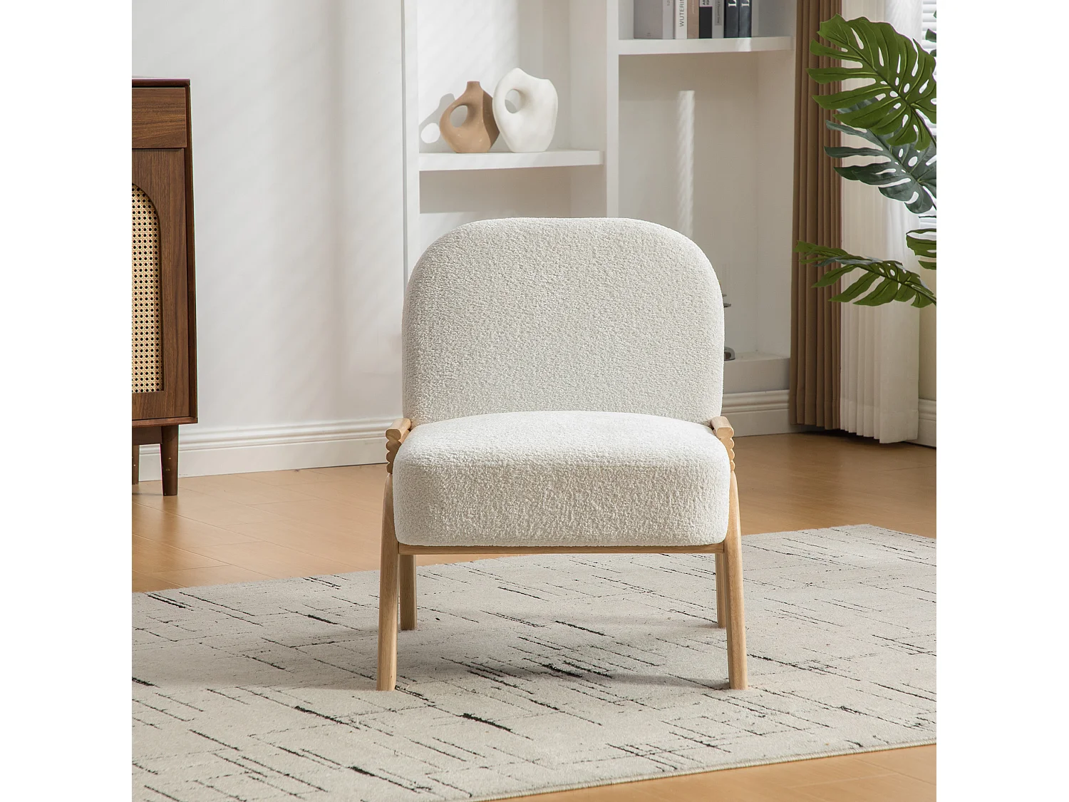 Fauteuil en tissu chenille avec structure en bois - Ivoire