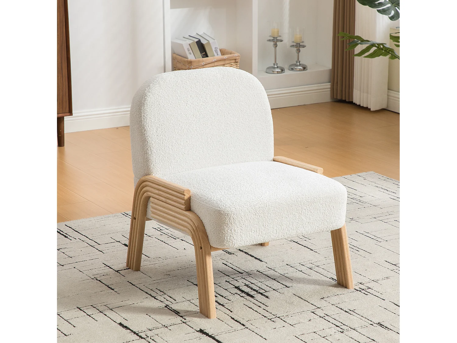 Fauteuil en tissu chenille avec structure en bois - Ivoire