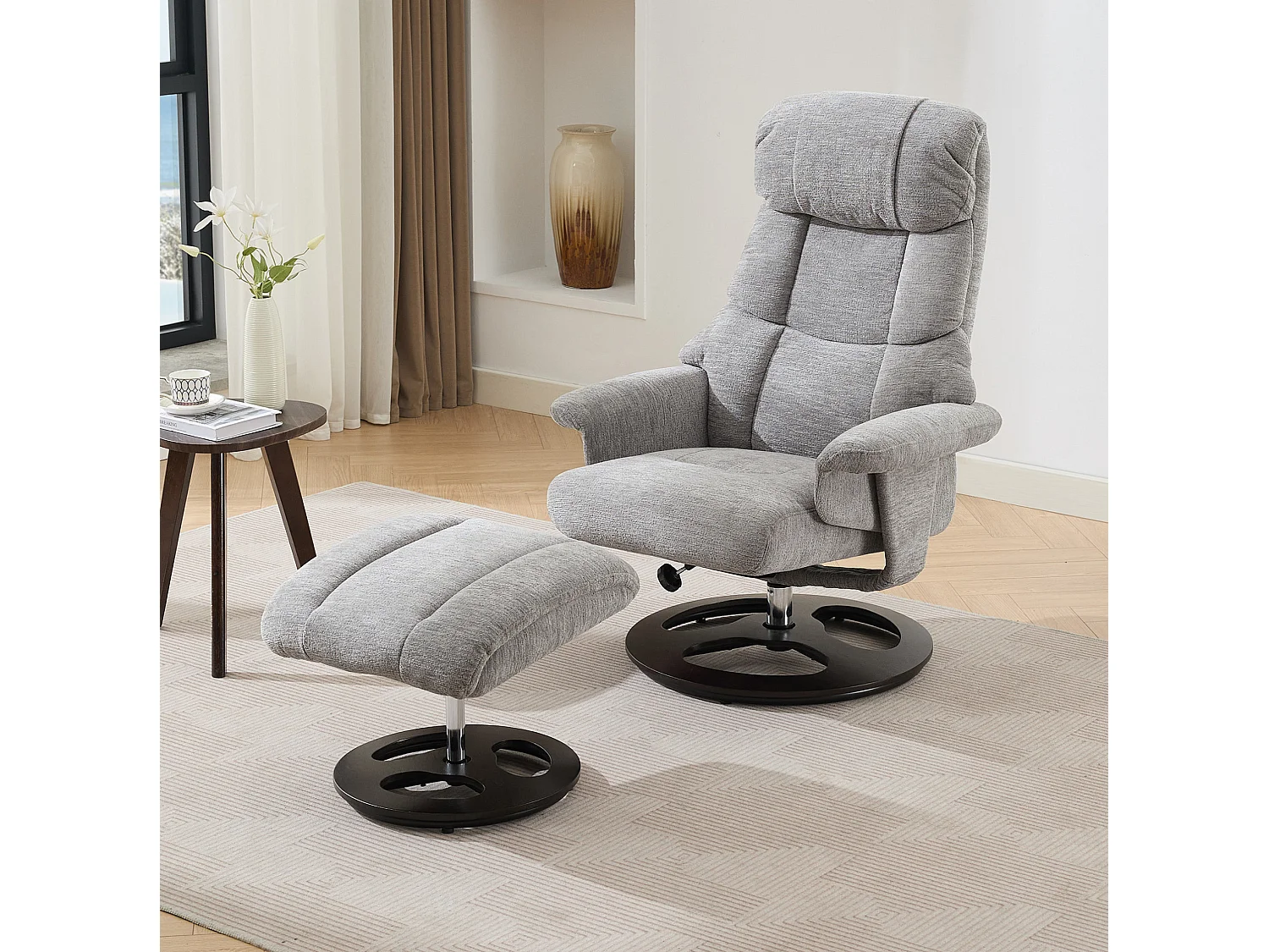 Fauteuil relax pivotant en tissu avec chauffant, massage et repose-pieds - Gris