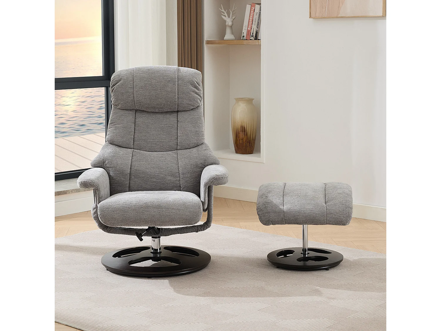 Fauteuil relax pivotant en tissu avec chauffant, massage et repose-pieds - Gris