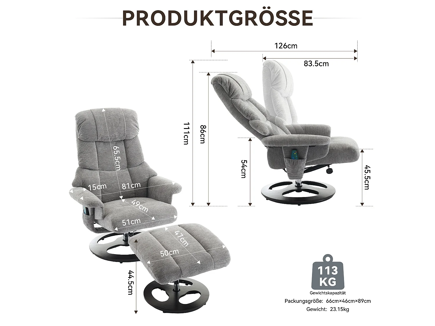 Fauteuil relax pivotant en tissu avec chauffant, massage et repose-pieds - Gris