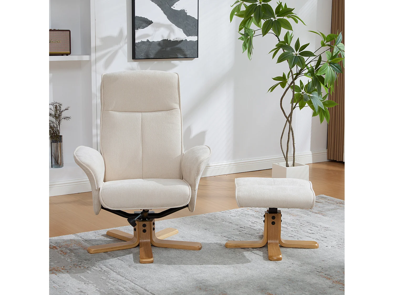 Fauteuil relax pivotant beige en chenille avec repose-pieds - Dossier réglable 145°