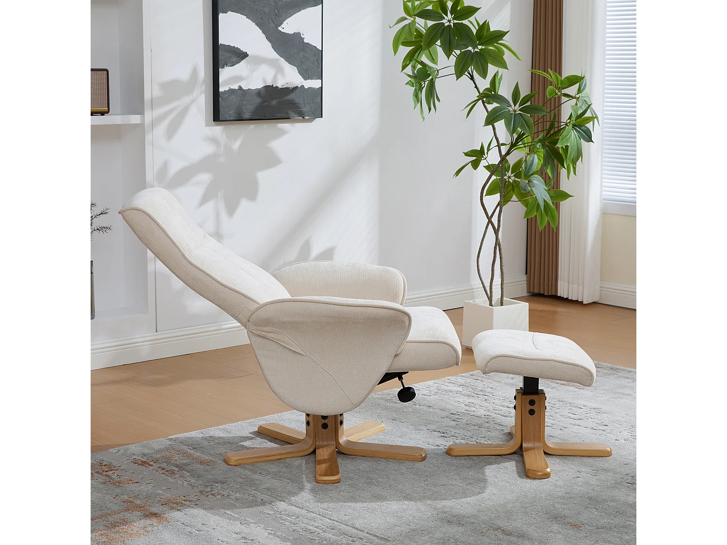 Fauteuil relax pivotant beige en chenille avec repose-pieds - Dossier réglable 145°