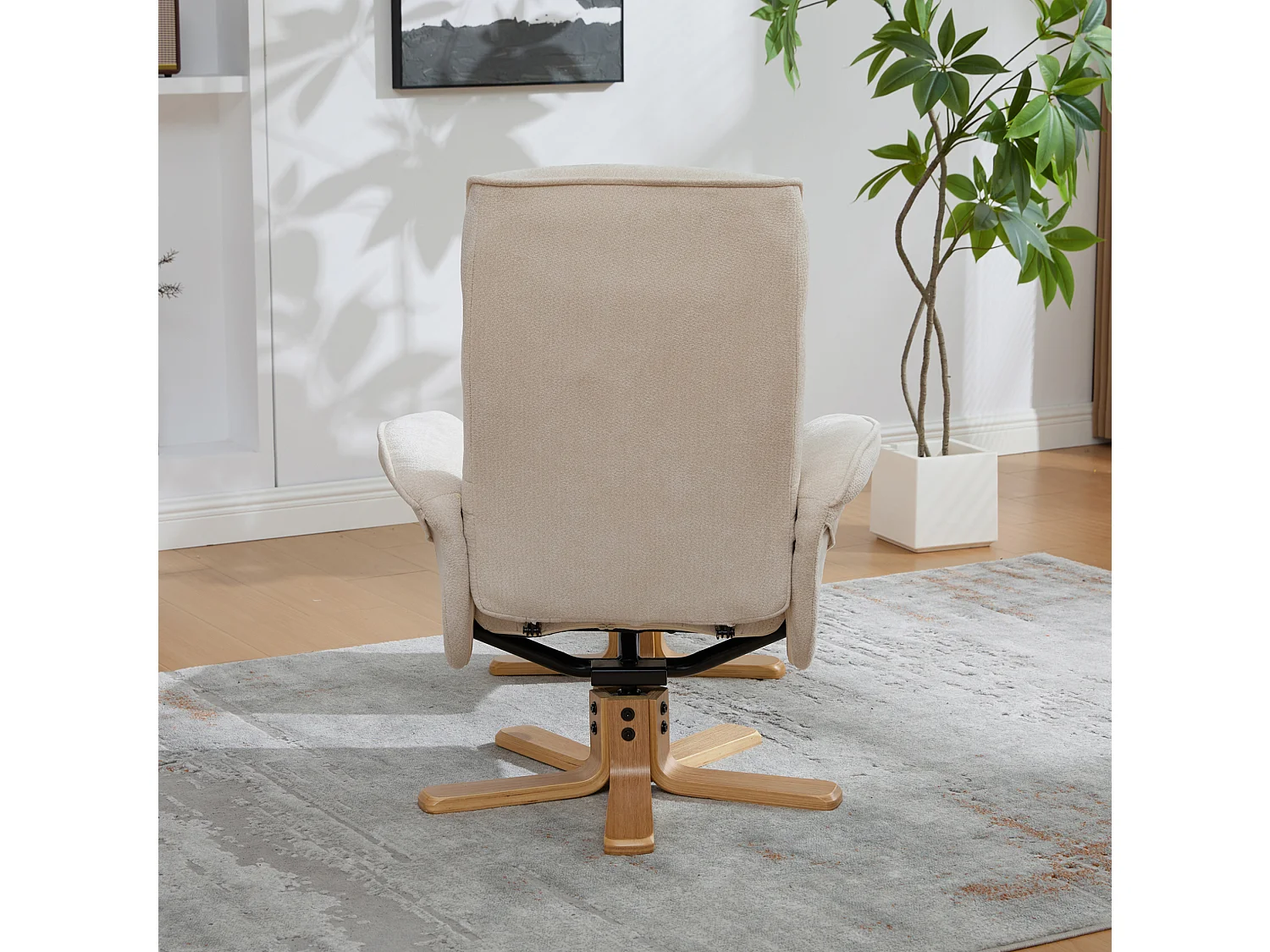 Fauteuil relax pivotant beige en chenille avec repose-pieds - Dossier réglable 145°