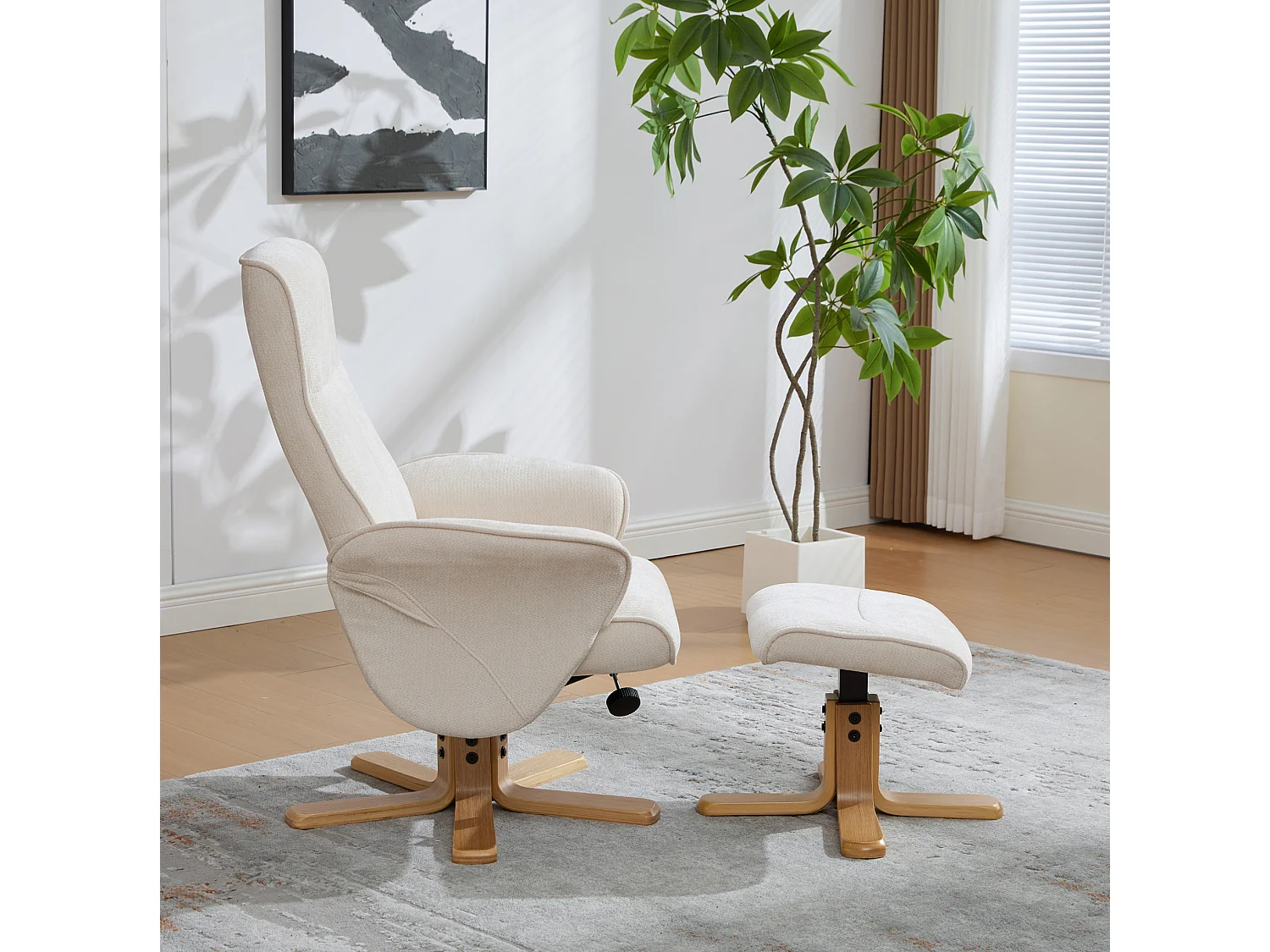 Fauteuil relax pivotant beige en chenille avec repose-pieds - Dossier réglable 145°