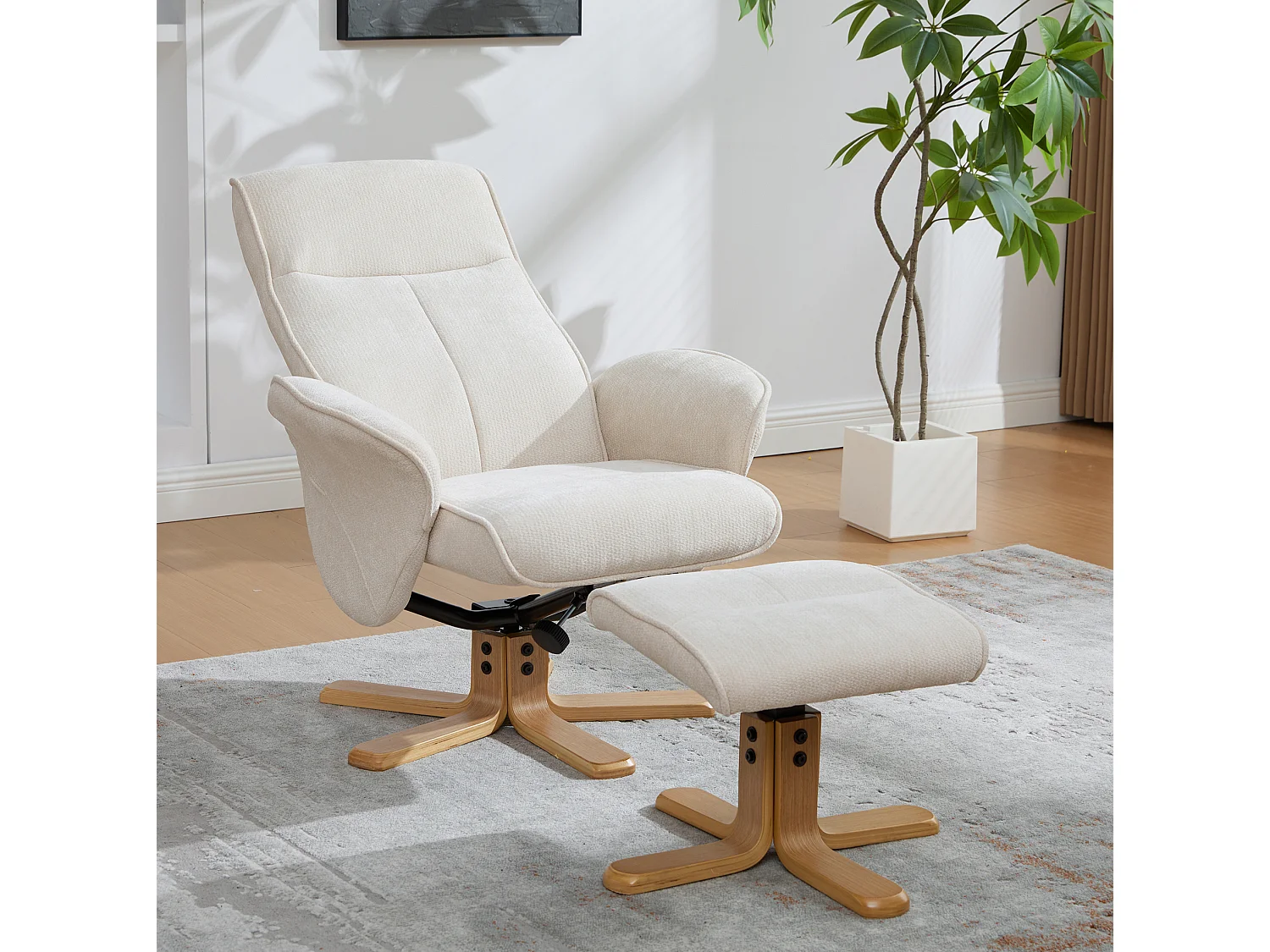 Fauteuil relax pivotant beige en chenille avec repose-pieds - Dossier réglable 145°