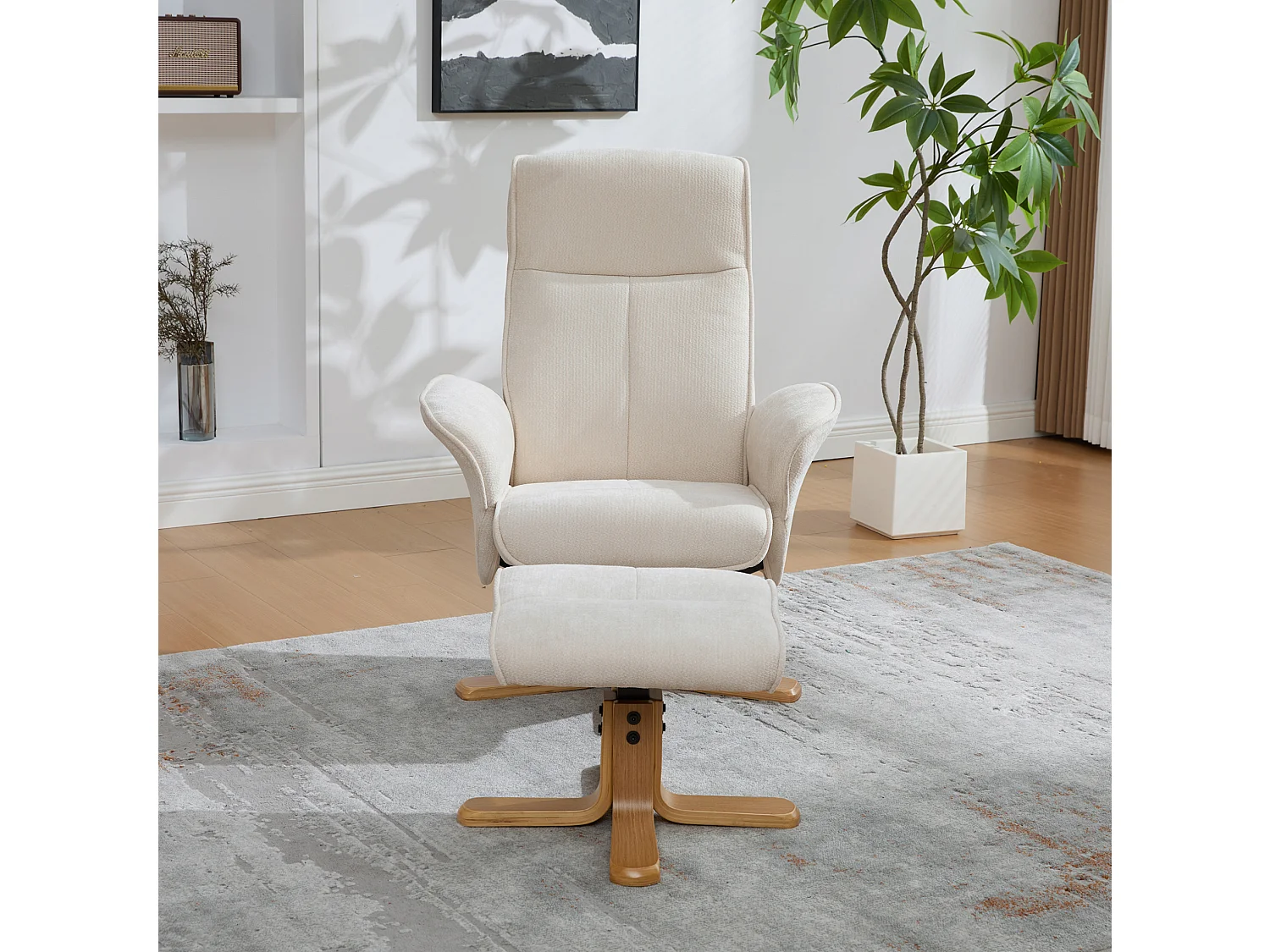 Fauteuil relax pivotant beige en chenille avec repose-pieds - Dossier réglable 145°