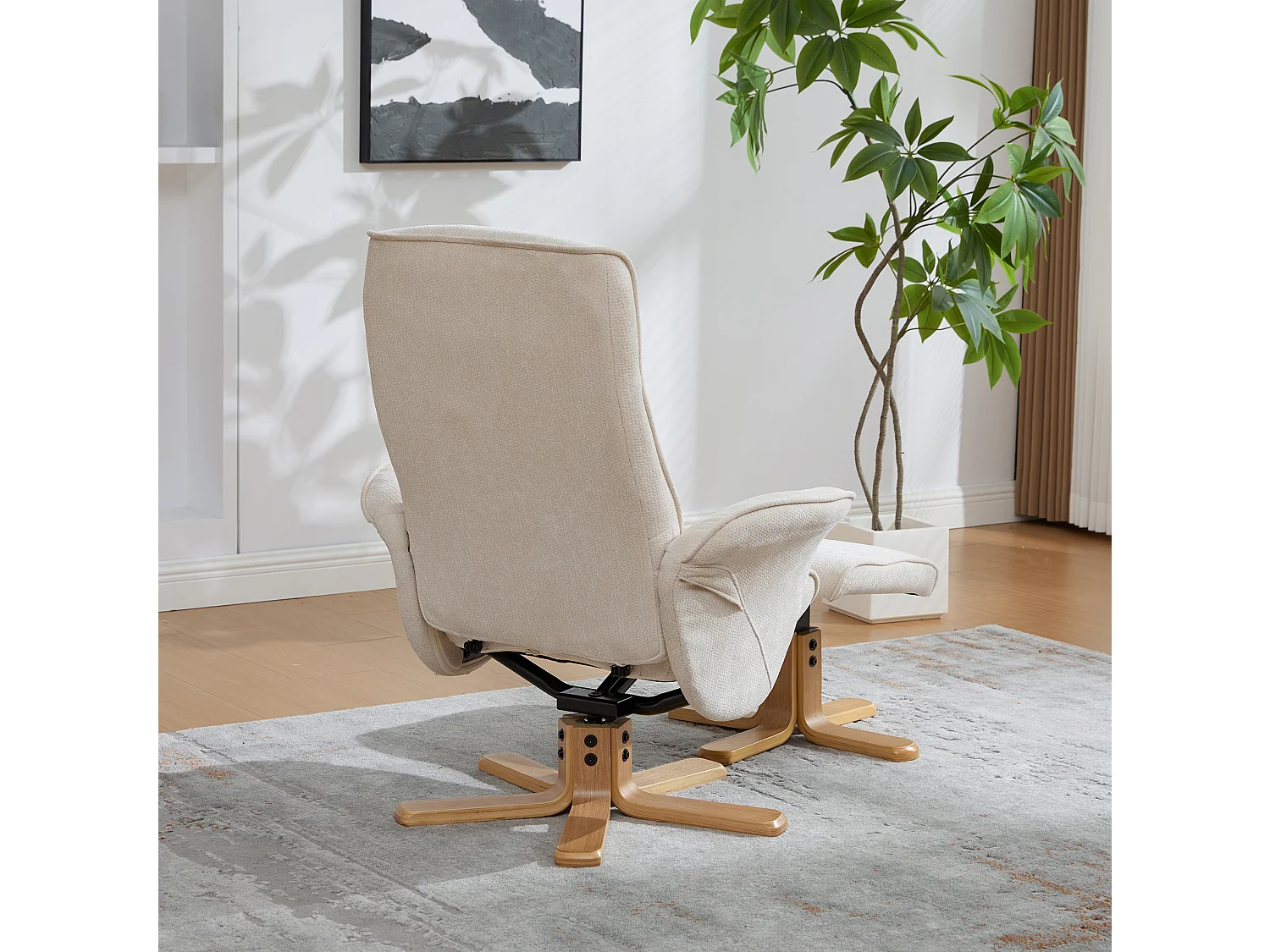Fauteuil relax pivotant beige en chenille avec repose-pieds - Dossier réglable 145°