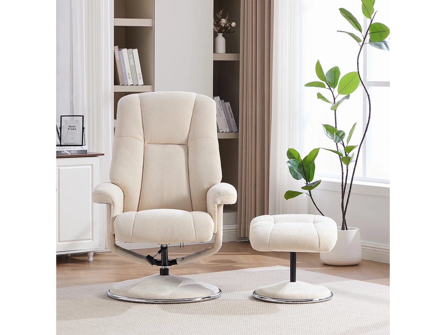Fauteuil relax pivotant en chenille beige - Fauteuil Inclinable avec repose-pieds et dossier réglable