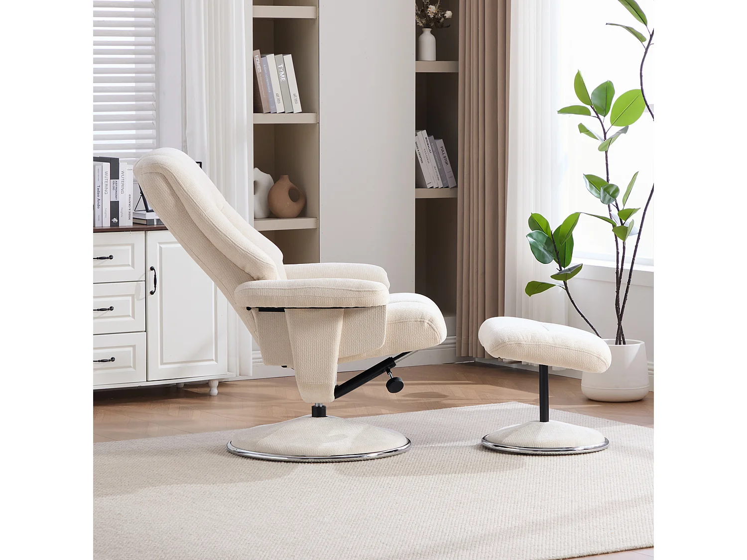 Fauteuil relax pivotant en chenille beige - Fauteuil Inclinable avec repose-pieds et dossier réglable
