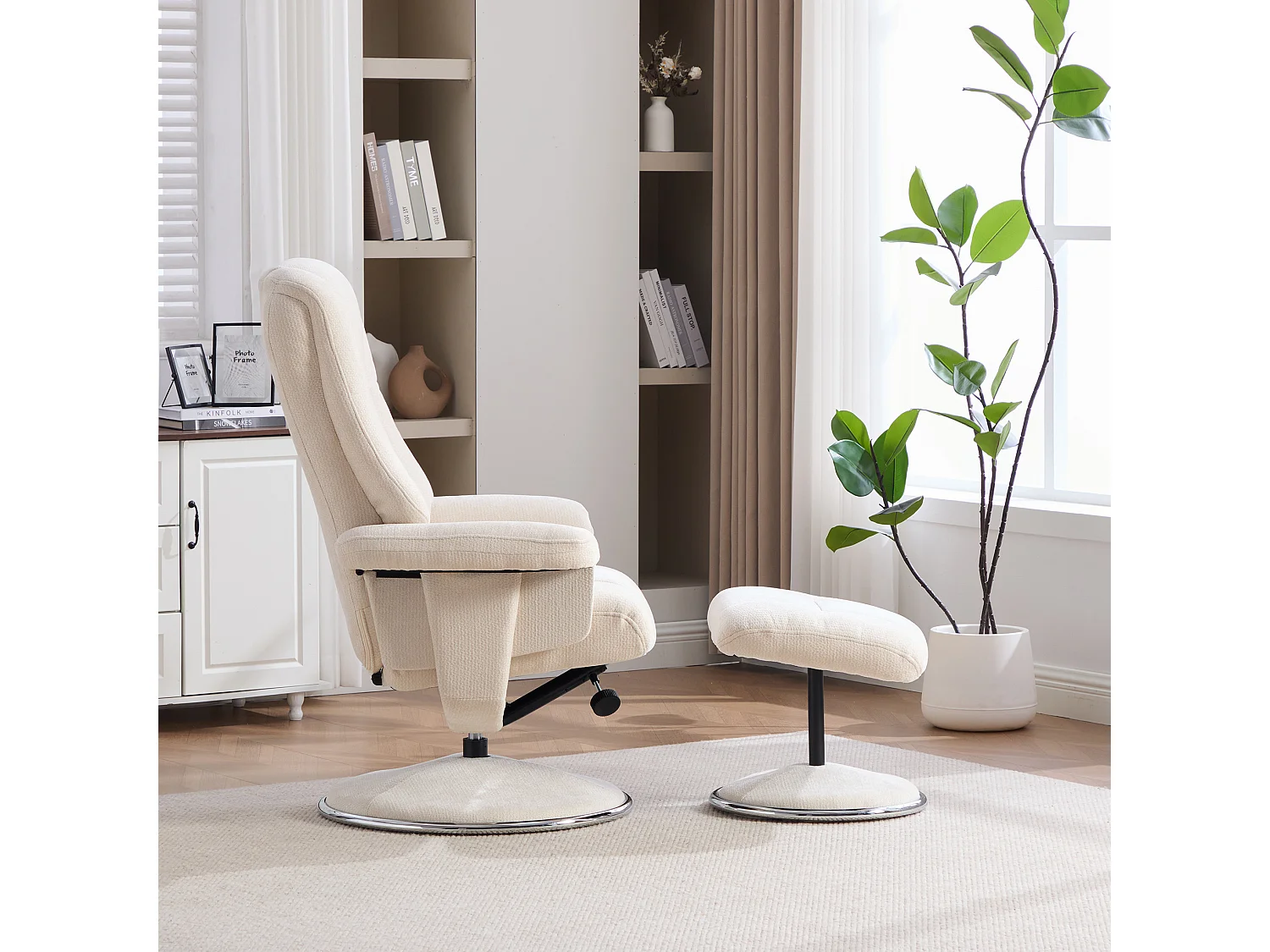 Fauteuil relax pivotant en chenille beige - Fauteuil Inclinable avec repose-pieds et dossier réglable