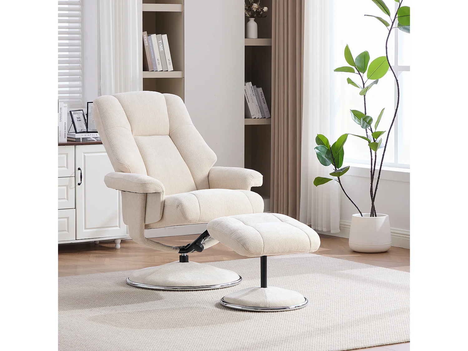 Fauteuil relax pivotant en chenille beige - Fauteuil Inclinable avec repose-pieds et dossier réglable