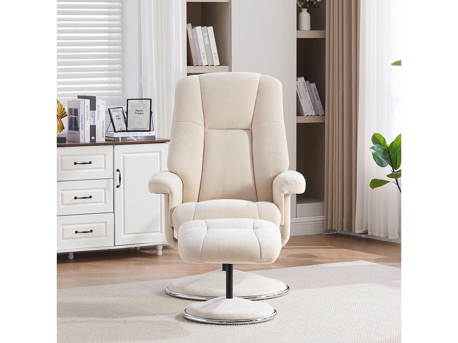 Fauteuil relax pivotant en chenille beige - Fauteuil Inclinable avec repose-pieds et dossier réglable