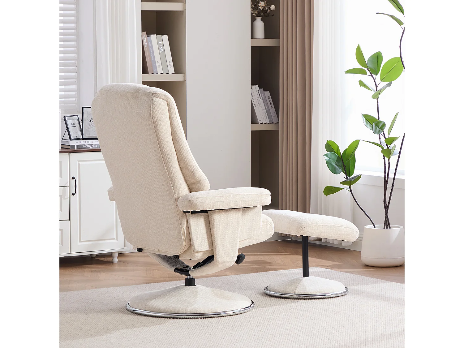 Fauteuil relax pivotant en chenille beige - Fauteuil Inclinable avec repose-pieds et dossier réglable