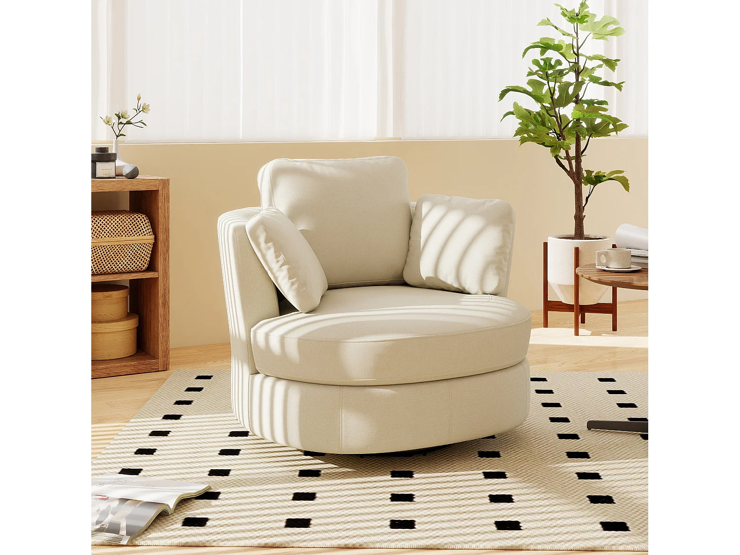 Poltrona girevole a 360° in ciniglia beige con 3 cuscini