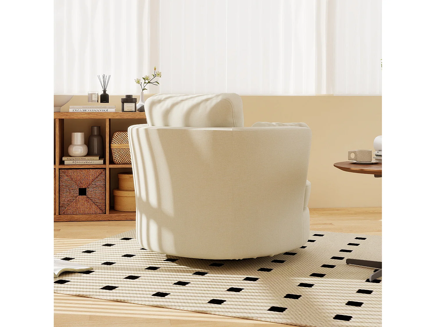 Poltrona girevole a 360° in ciniglia beige con 3 cuscini