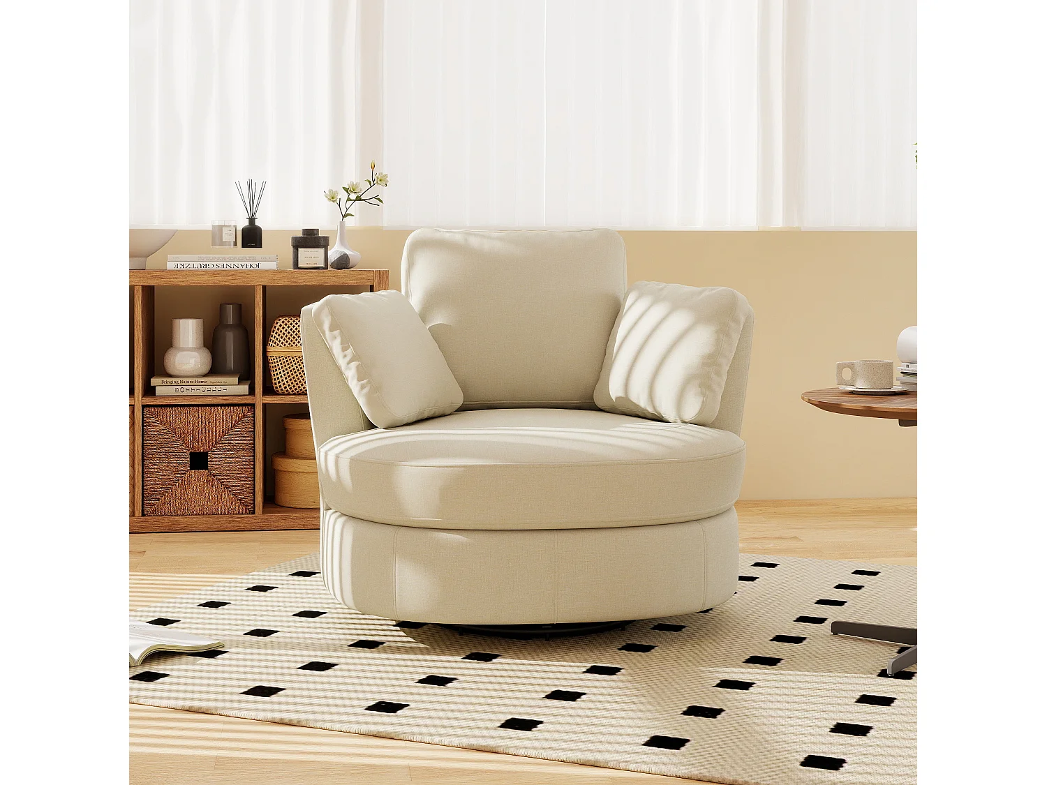 Poltrona girevole a 360° in ciniglia beige con 3 cuscini