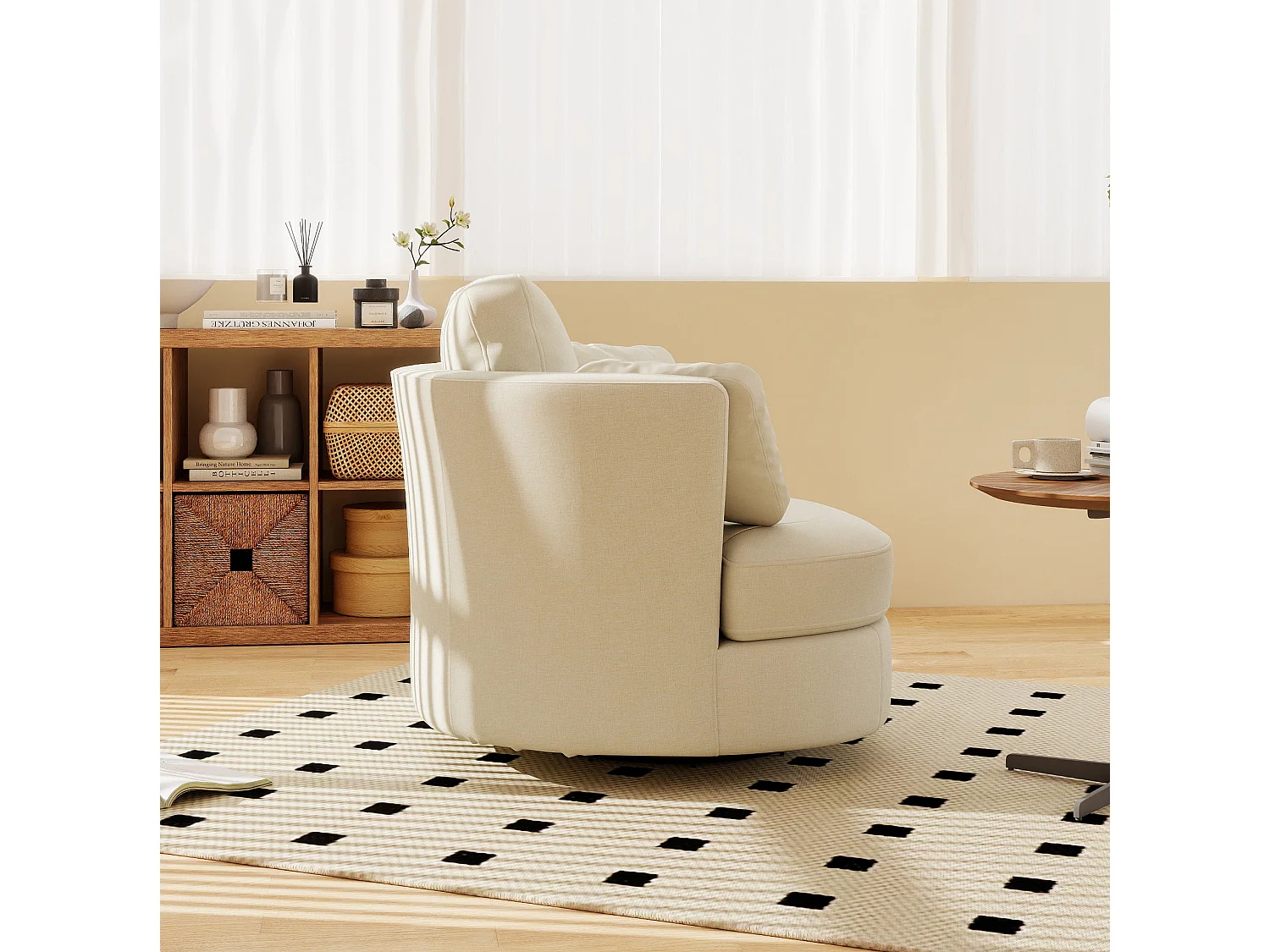 Poltrona girevole a 360° in ciniglia beige con 3 cuscini