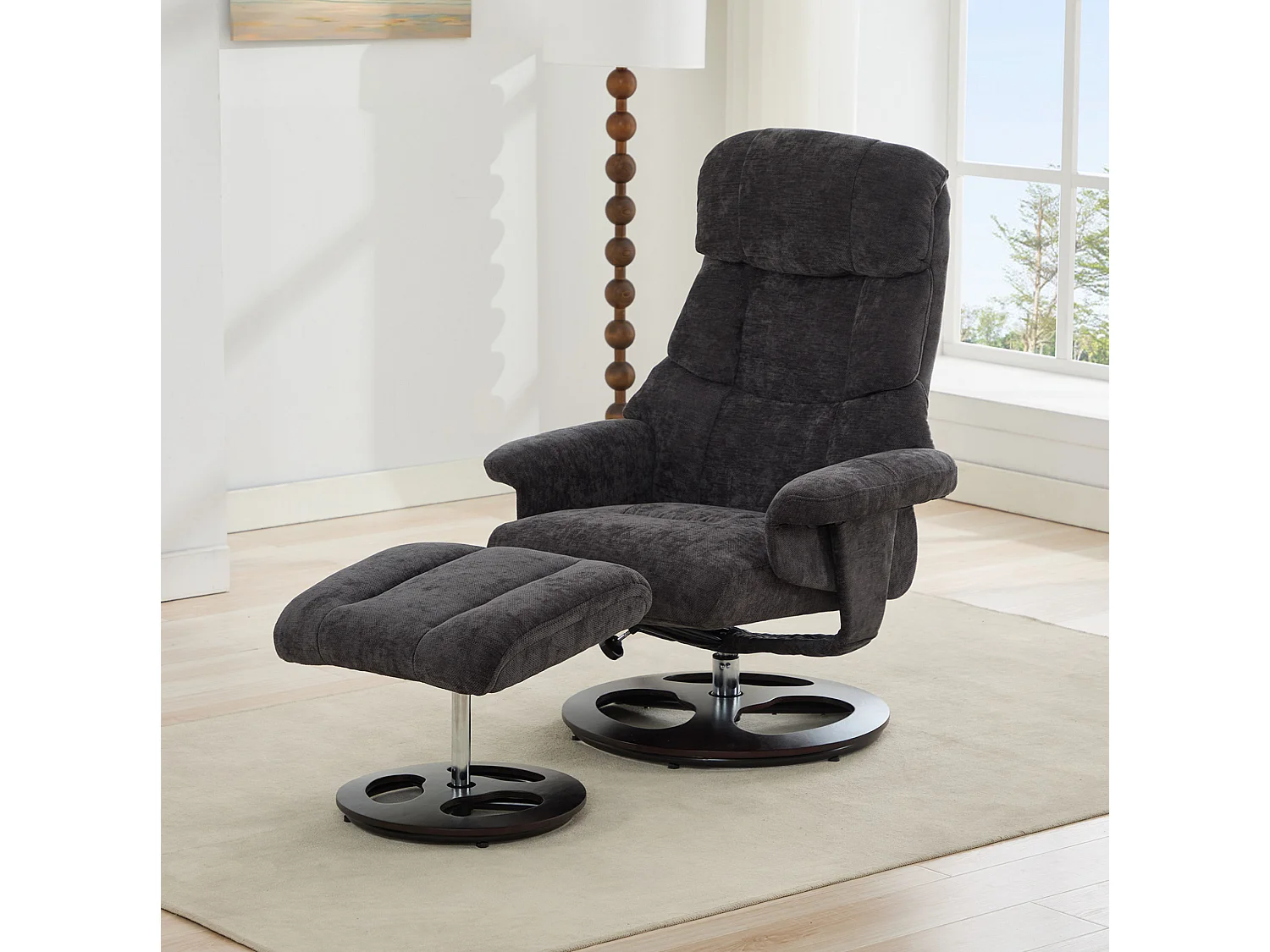 Sillón reclinable giratorio de tela con calefacción, masaje y reposapiés - Gris oscuro