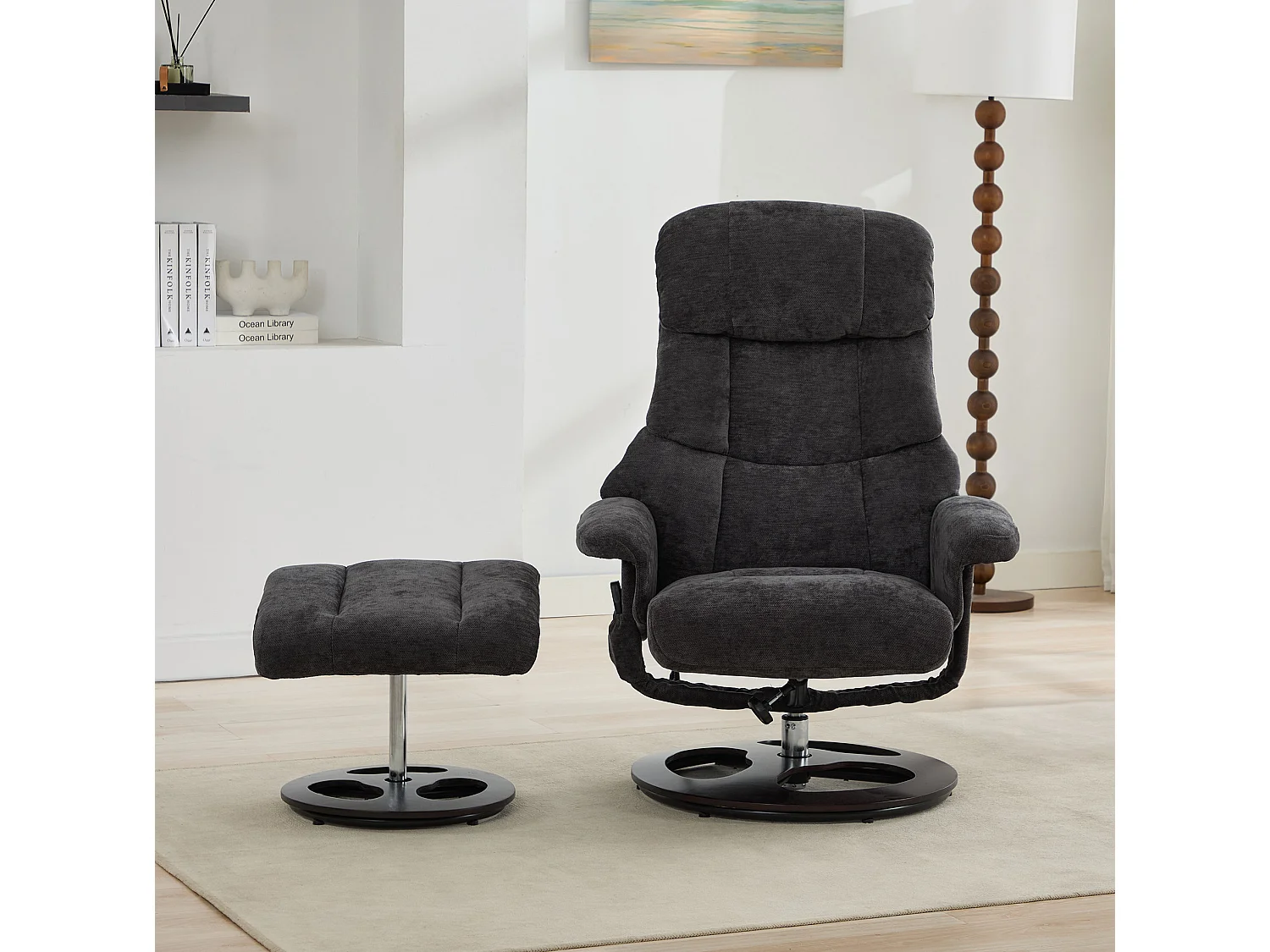 Sillón reclinable giratorio de tela con calefacción, masaje y reposapiés - Gris oscuro
