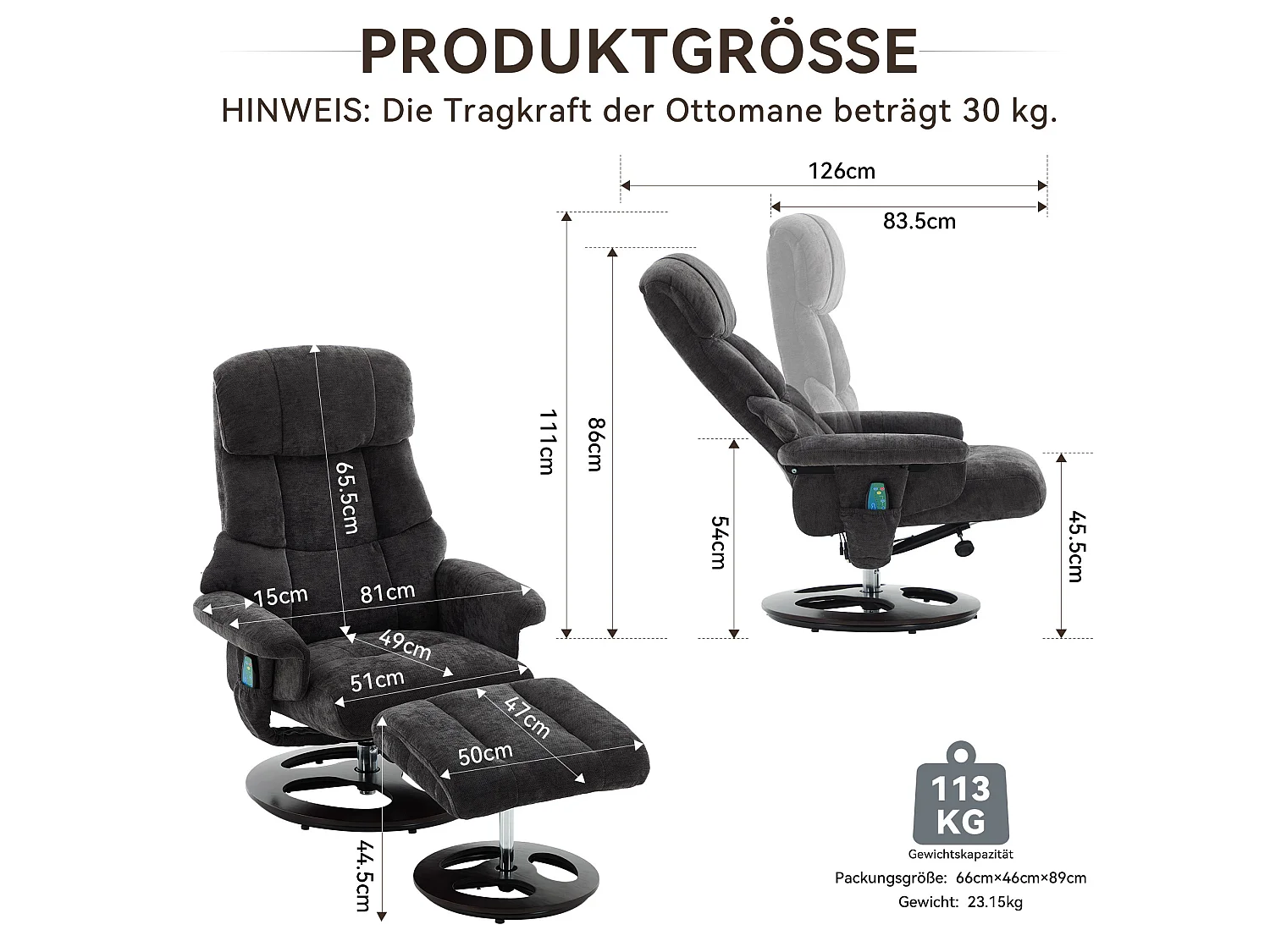 Sillón reclinable giratorio de tela con calefacción, masaje y reposapiés - Gris oscuro