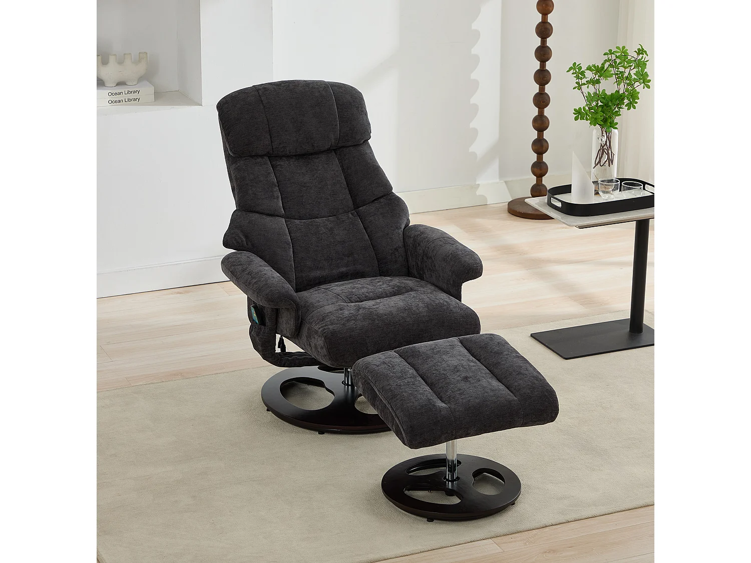 Sillón reclinable giratorio de tela con calefacción, masaje y reposapiés - Gris oscuro