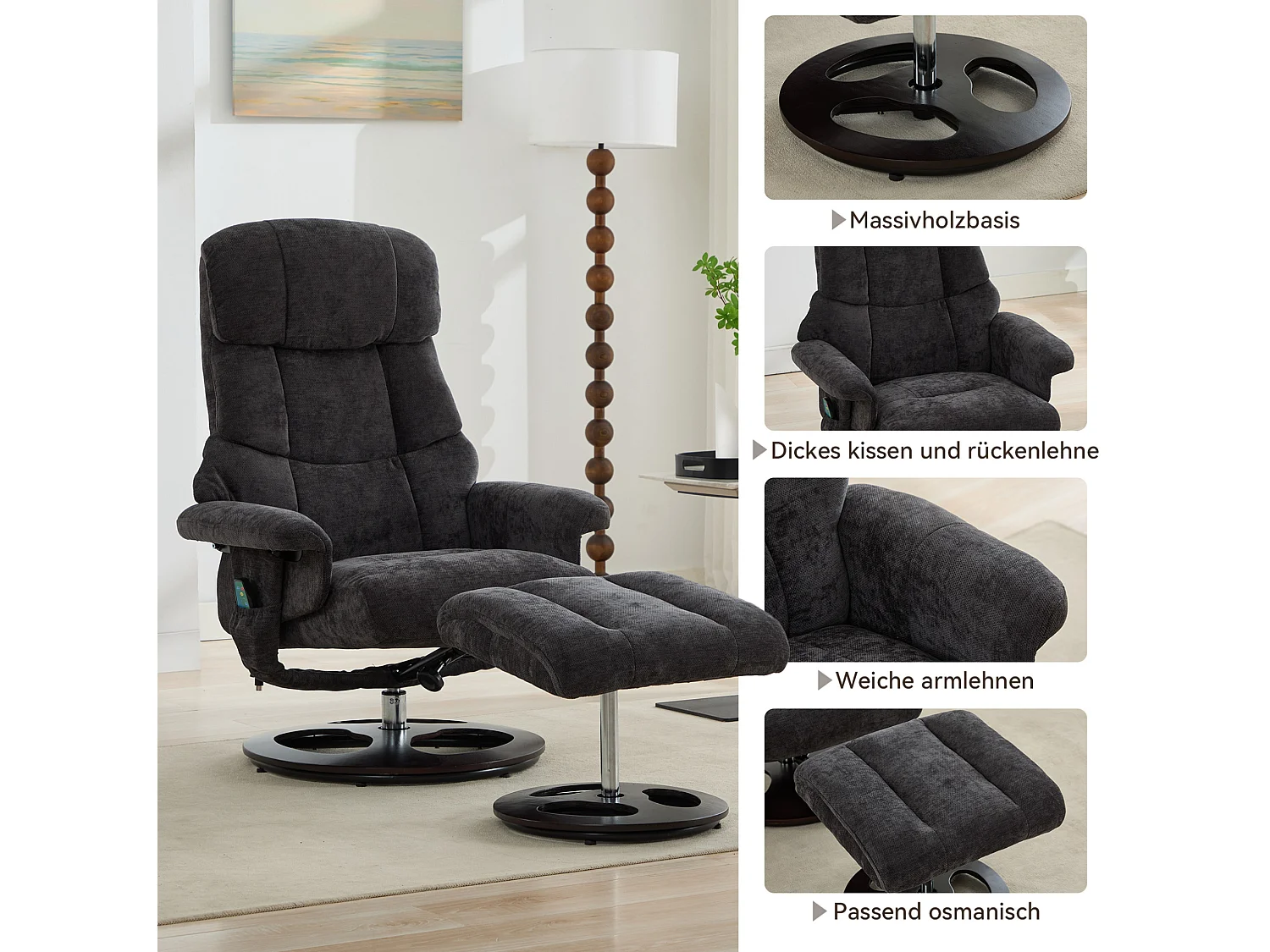 Sillón reclinable giratorio de tela con calefacción, masaje y reposapiés - Gris oscuro