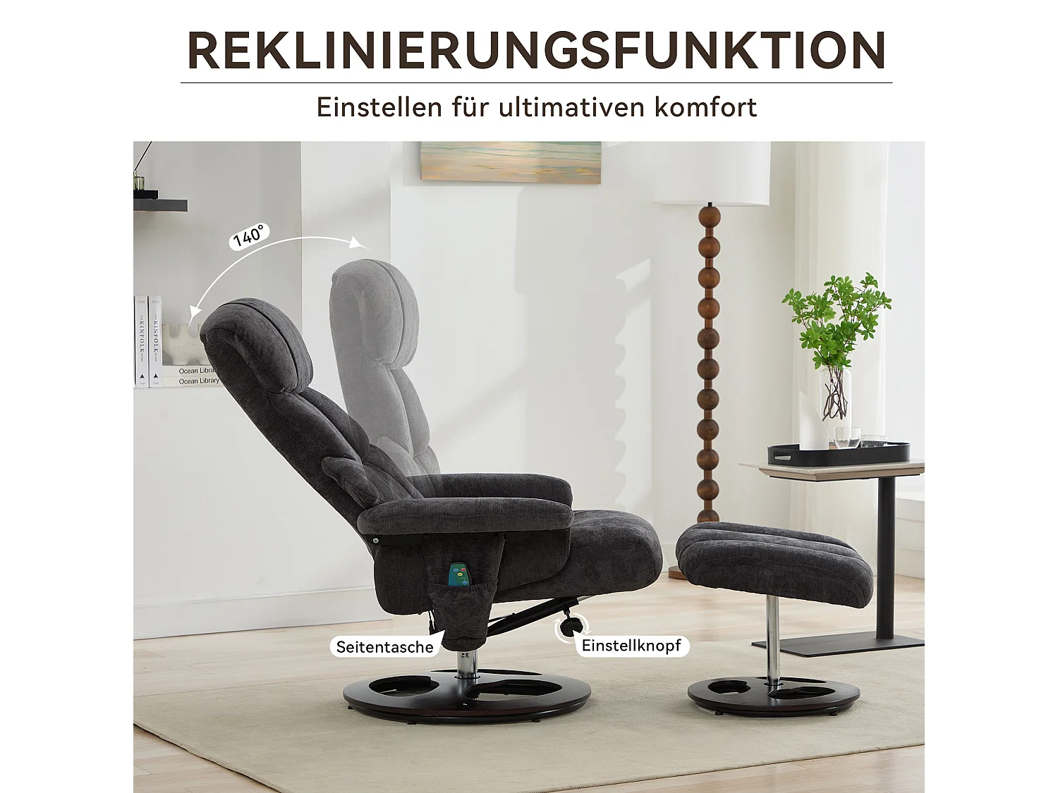 Sillón reclinable giratorio de tela con calefacción, masaje y reposapiés - Gris oscuro