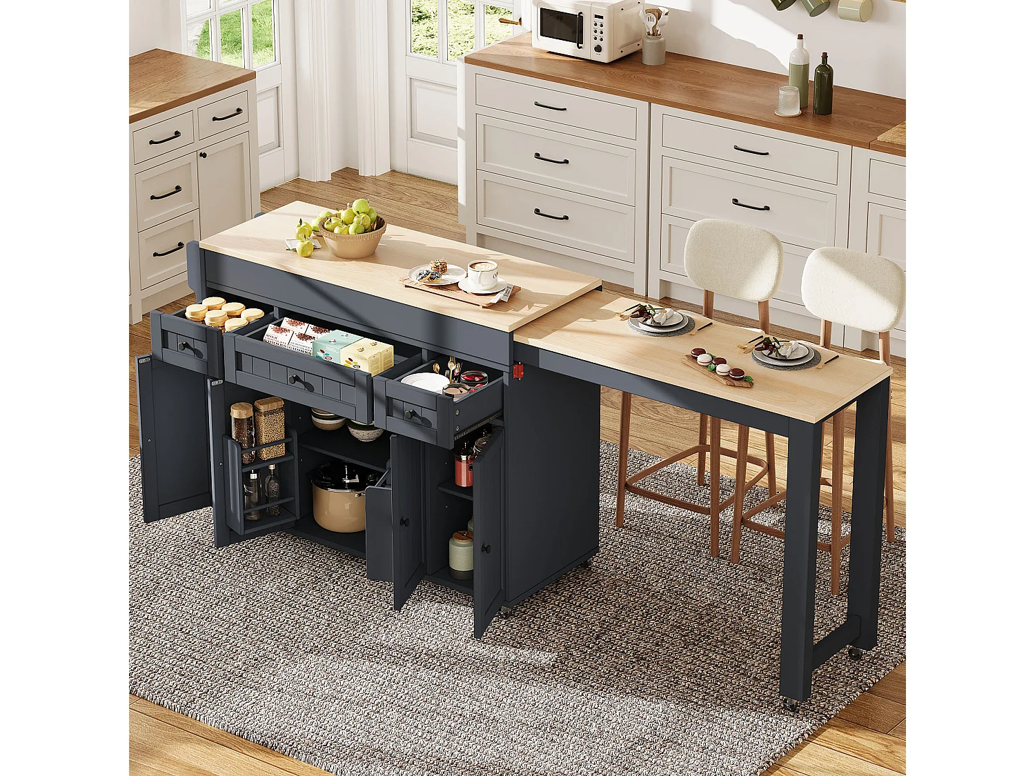 Îlot de cuisine sur roulettes avec extensible plateau, 3 tiroirs et 4 portes - Gris