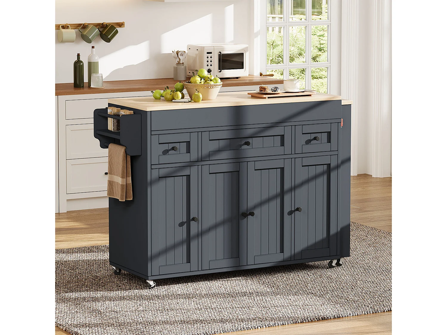 Îlot de cuisine sur roulettes avec extensible plateau, 3 tiroirs et 4 portes - Gris