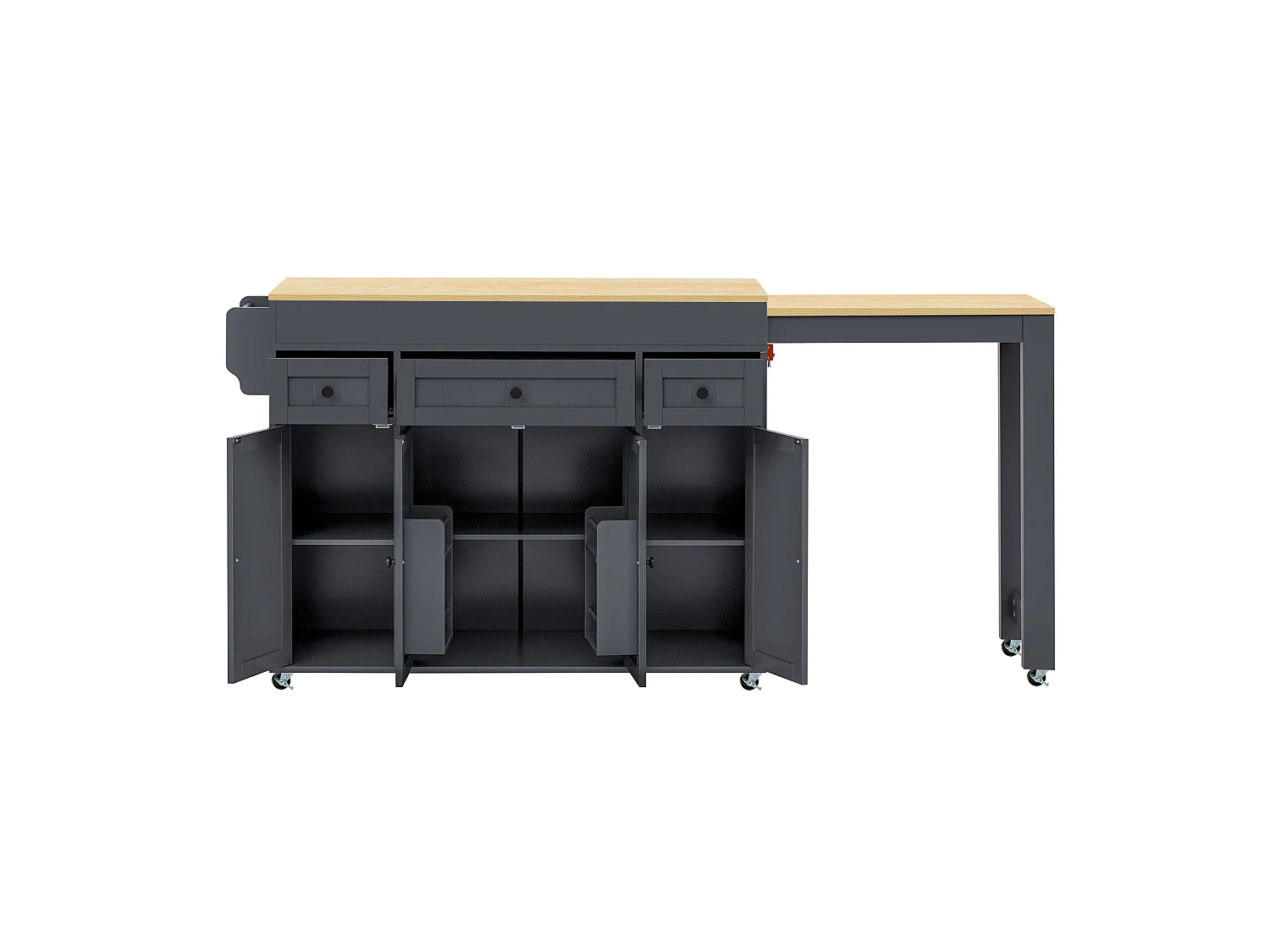 Îlot de cuisine sur roulettes avec extensible plateau, 3 tiroirs et 4 portes - Gris