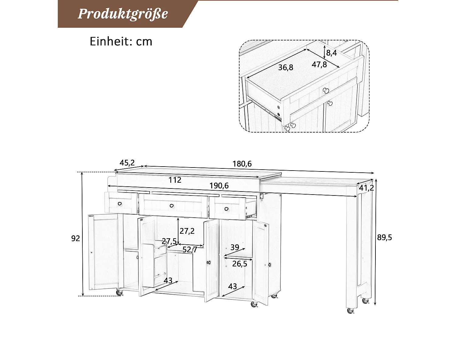 Îlot de cuisine sur roulettes avec extensible plateau, 3 tiroirs et 4 portes - Gris