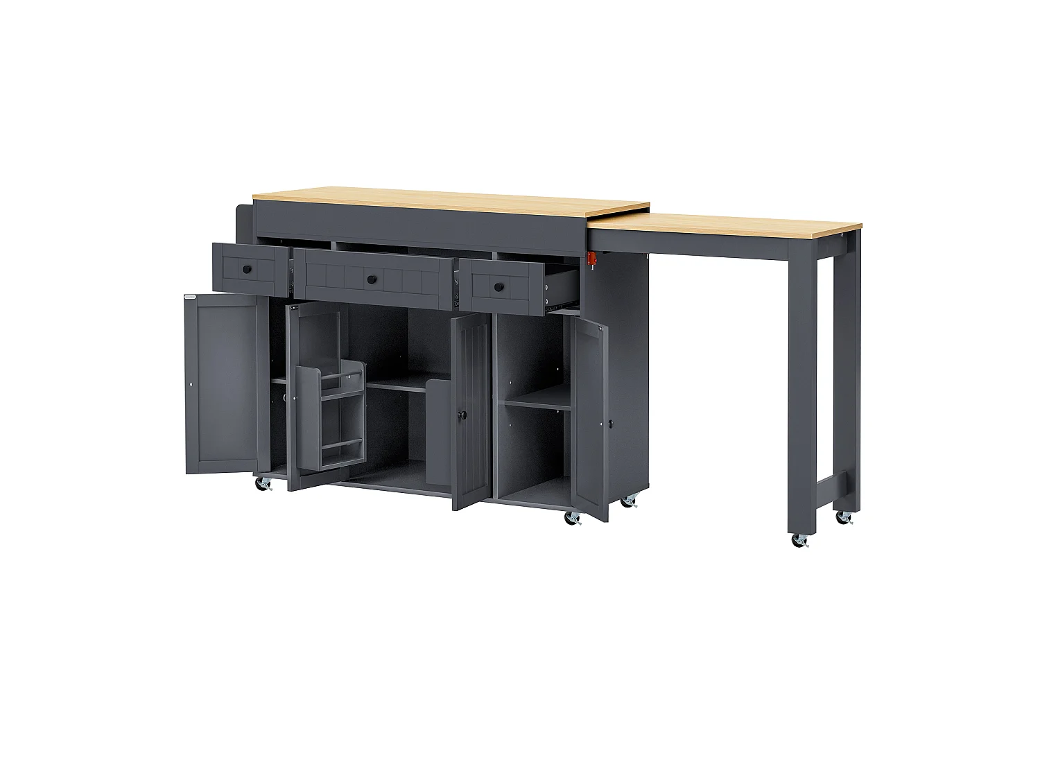 Îlot de cuisine sur roulettes avec extensible plateau, 3 tiroirs et 4 portes - Gris