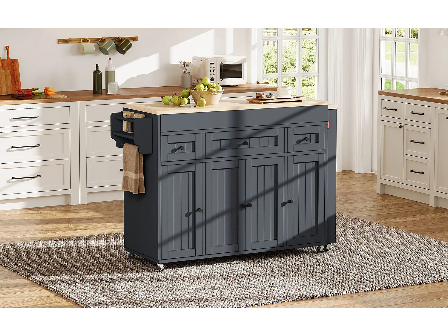 Îlot de cuisine sur roulettes avec extensible plateau, 3 tiroirs et 4 portes - Gris