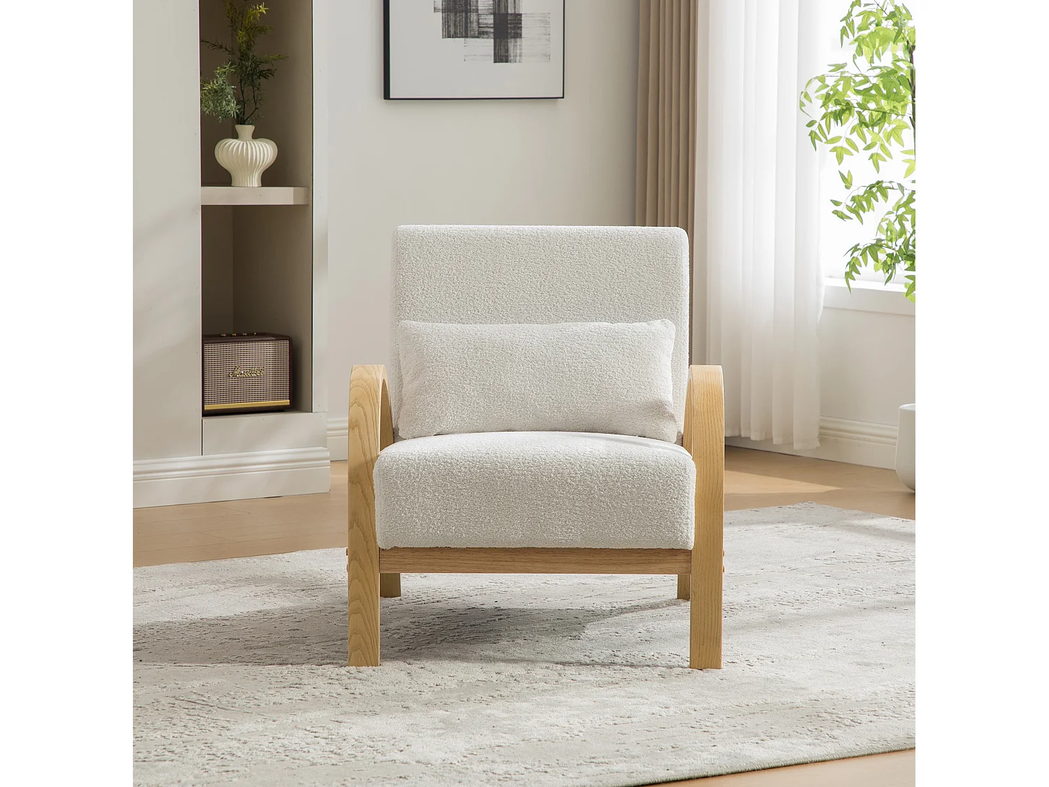 Fauteuil en tissu chenille avec accoudoir et coussin - Structure en bois - Ivoire