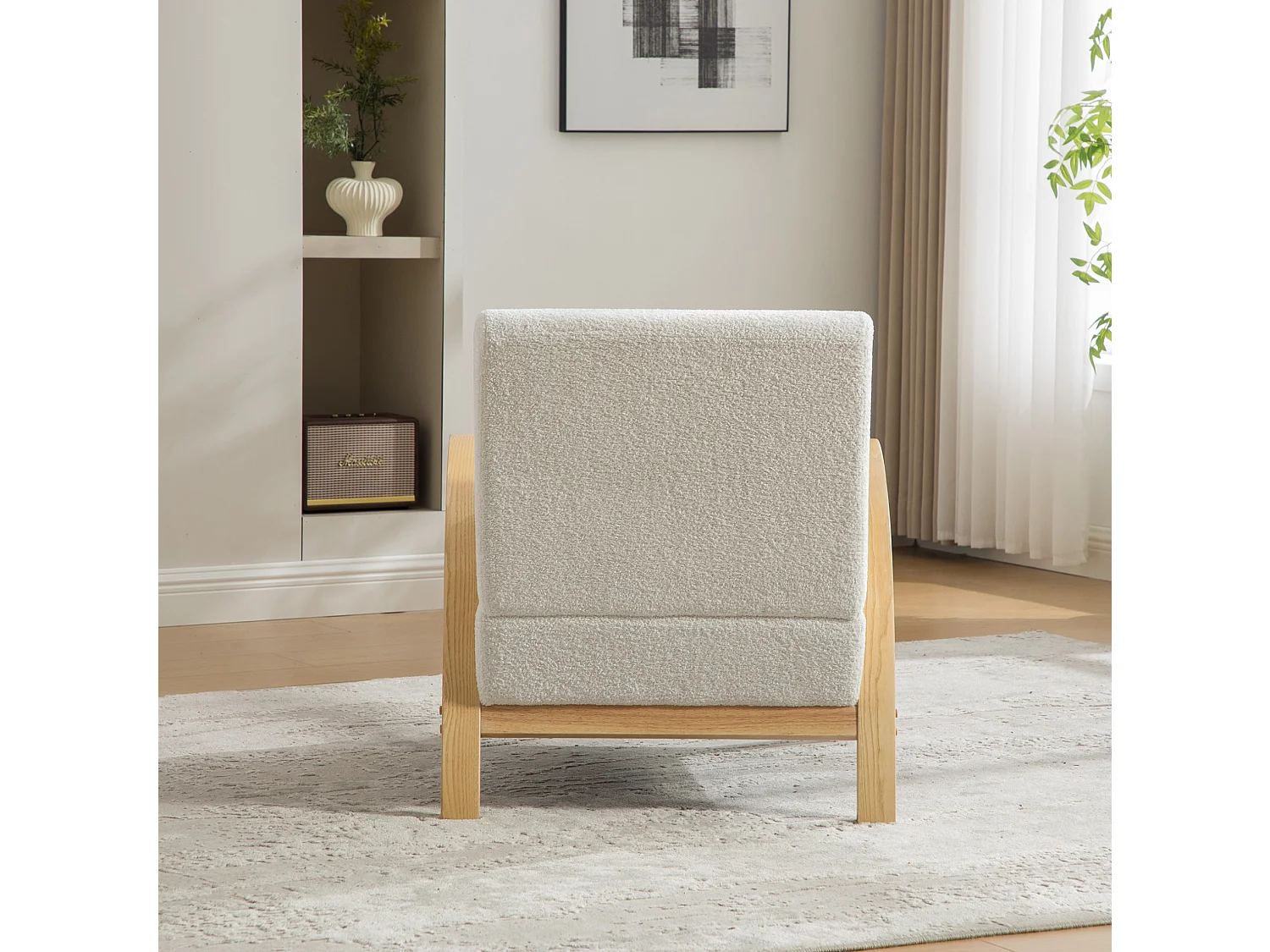 Fauteuil en tissu chenille avec accoudoir et coussin - Structure en bois - Ivoire