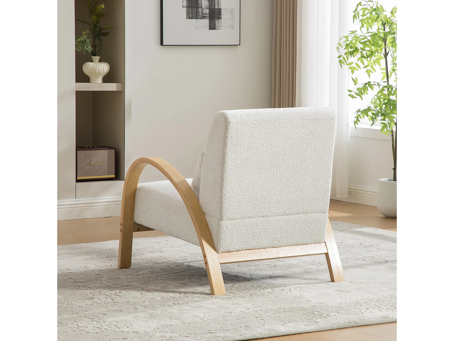 Fauteuil en tissu chenille avec accoudoir et coussin - Structure en bois - Ivoire