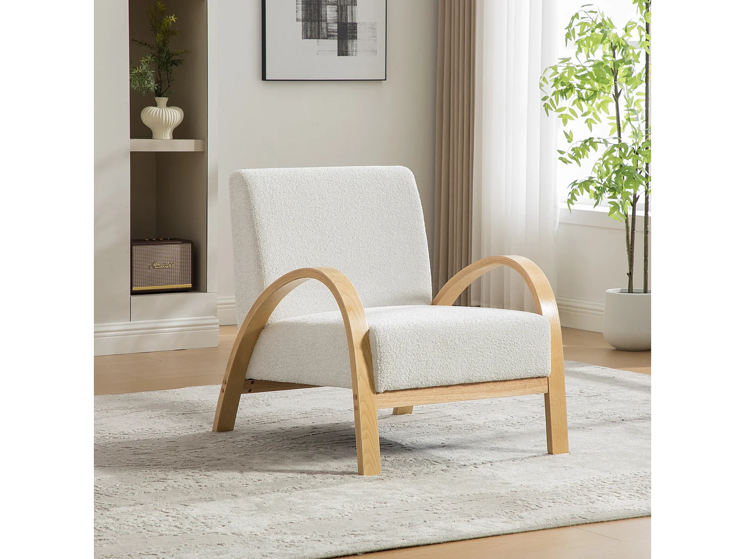 Fauteuil en tissu chenille avec accoudoir et coussin - Structure en bois - Ivoire