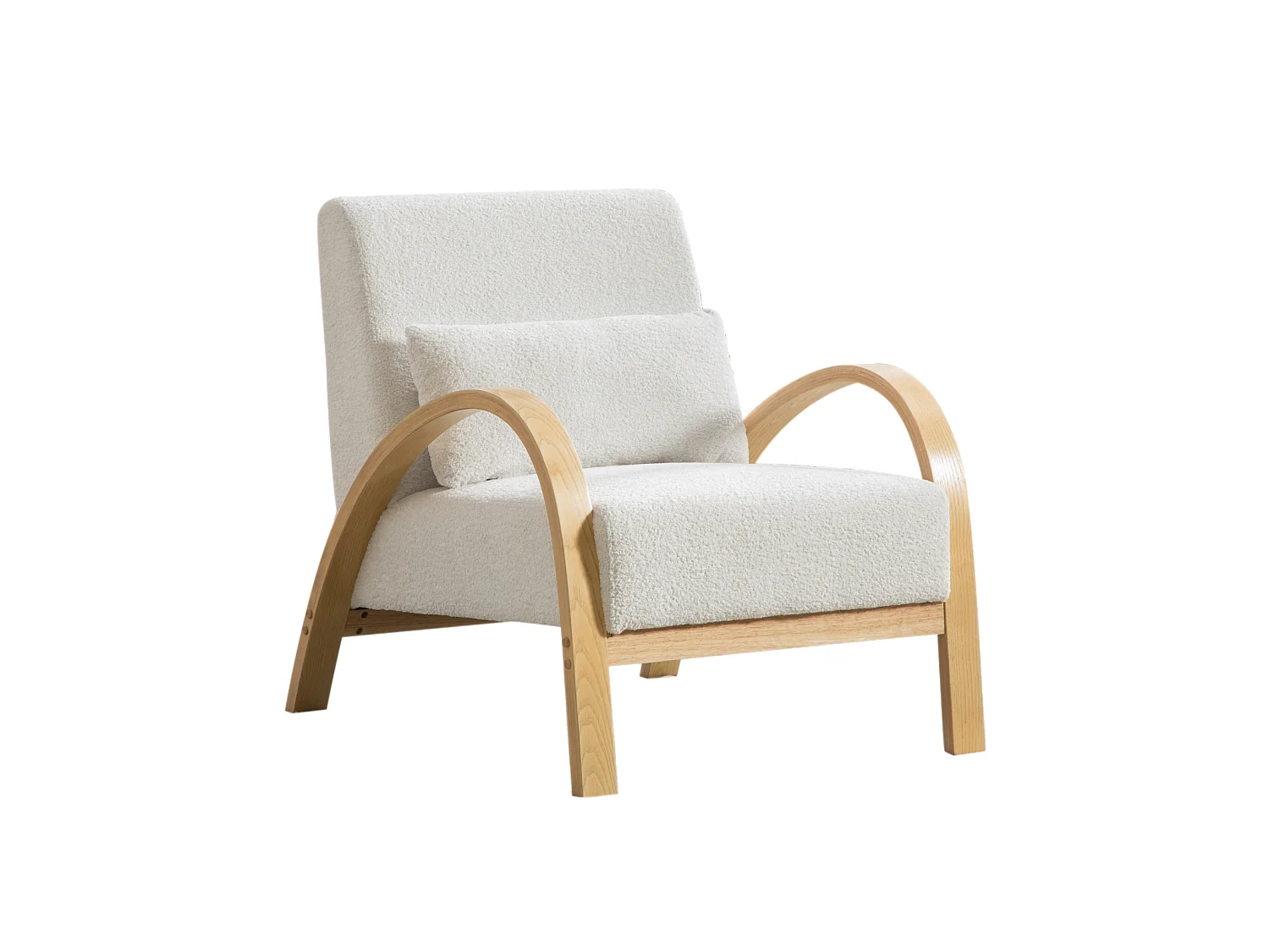 Fauteuil en tissu chenille avec accoudoir et coussin - Structure en bois - Ivoire