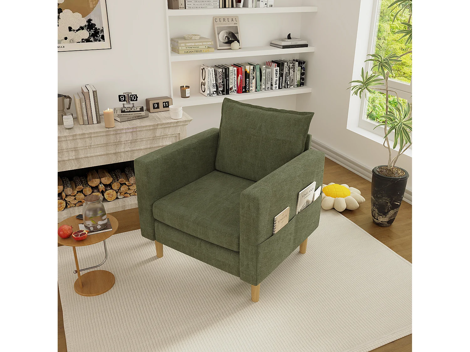 Poltrona in ciniglia con tasche portaoggetti - Verde oliva