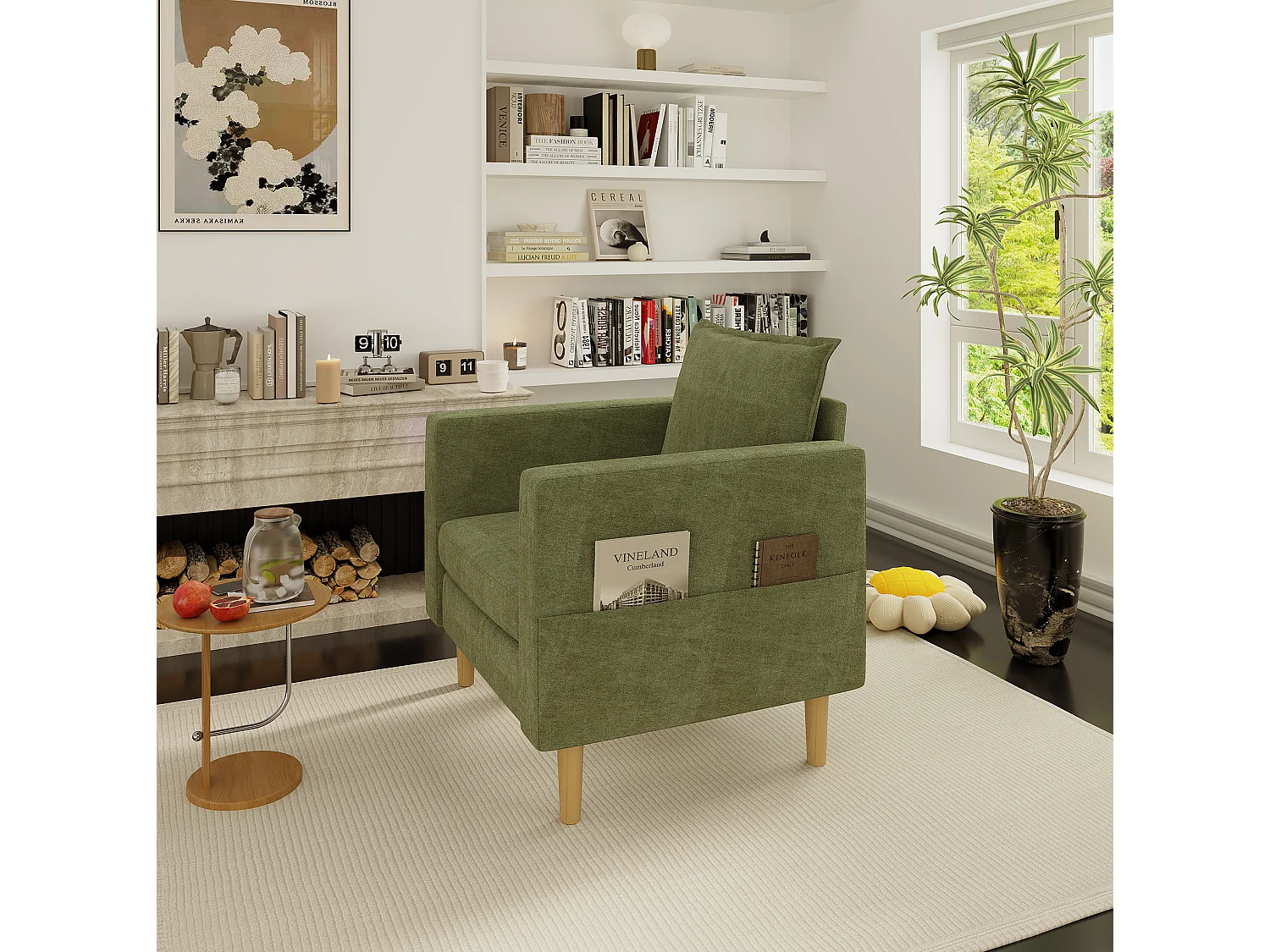 Poltrona in ciniglia con tasche portaoggetti - Verde oliva