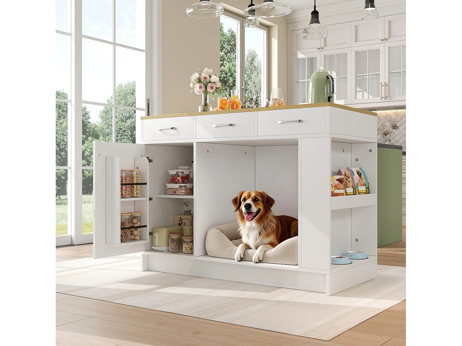 Desserte de cuisine 120x60x90 cm blanche avec 3 tiroirs et niche ouverte pour animal