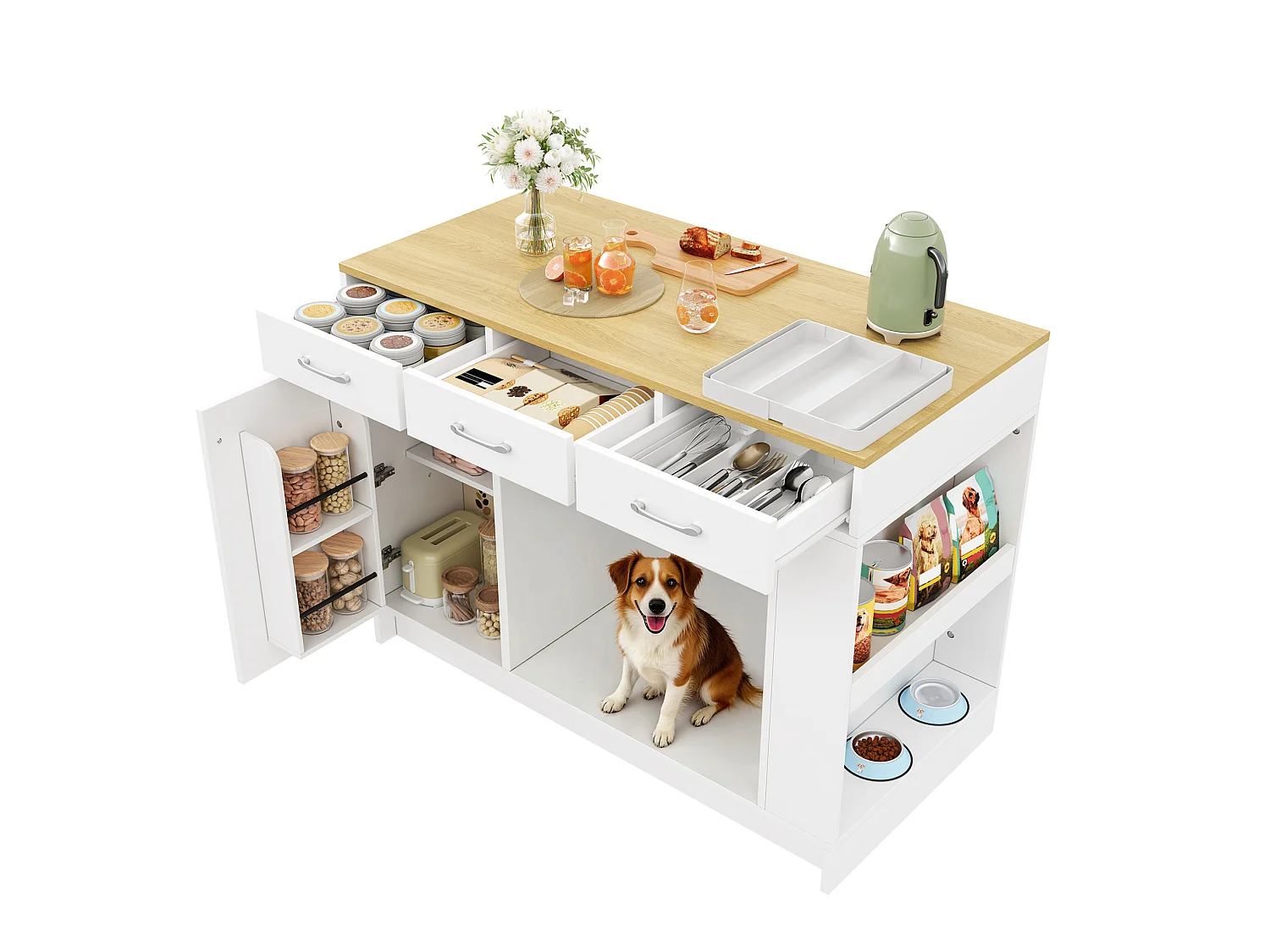 Desserte de cuisine 120x60x90 cm blanche avec 3 tiroirs et niche ouverte pour animal