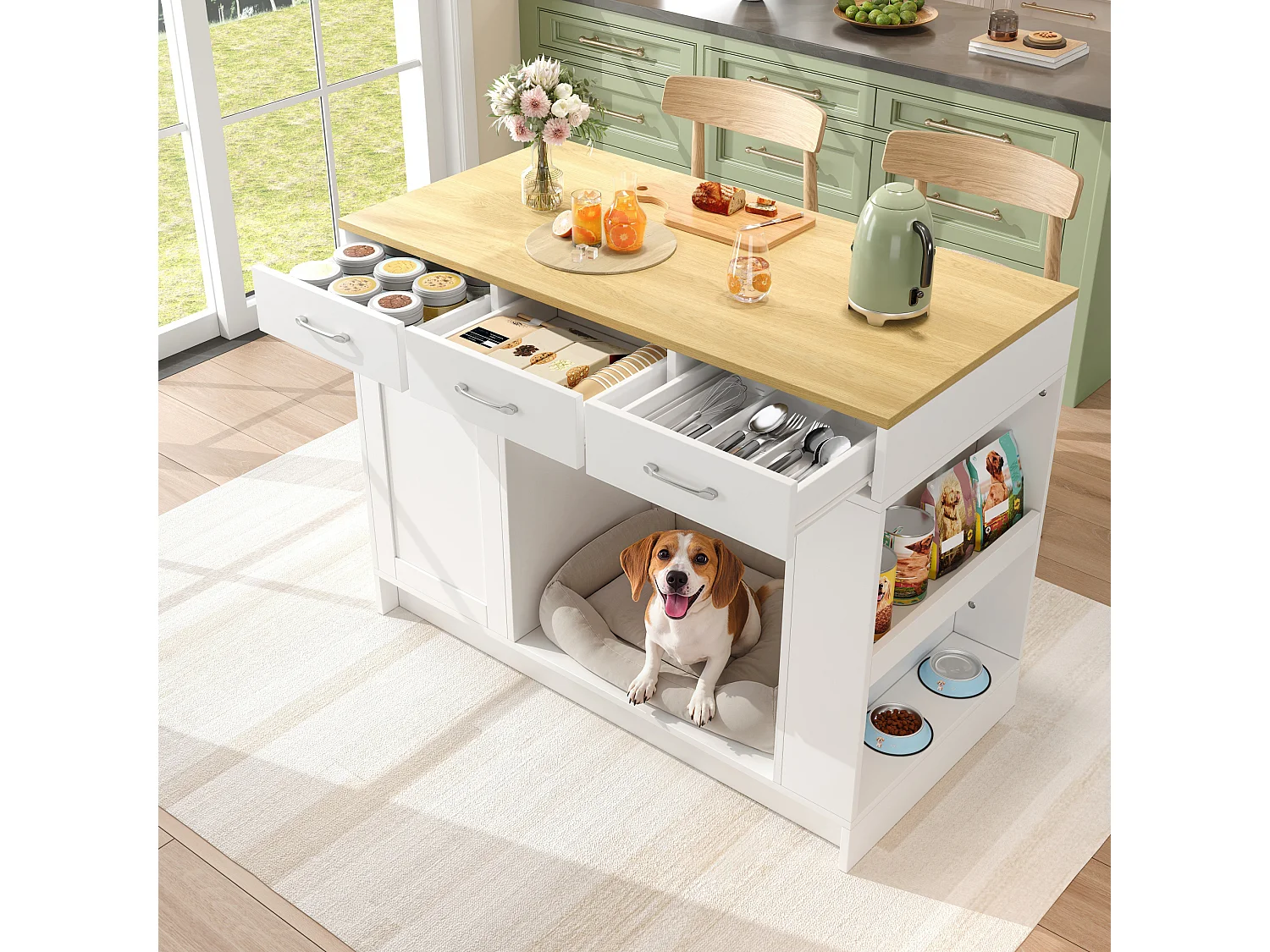 Desserte de cuisine 120x60x90 cm blanche avec 3 tiroirs et niche ouverte pour animal