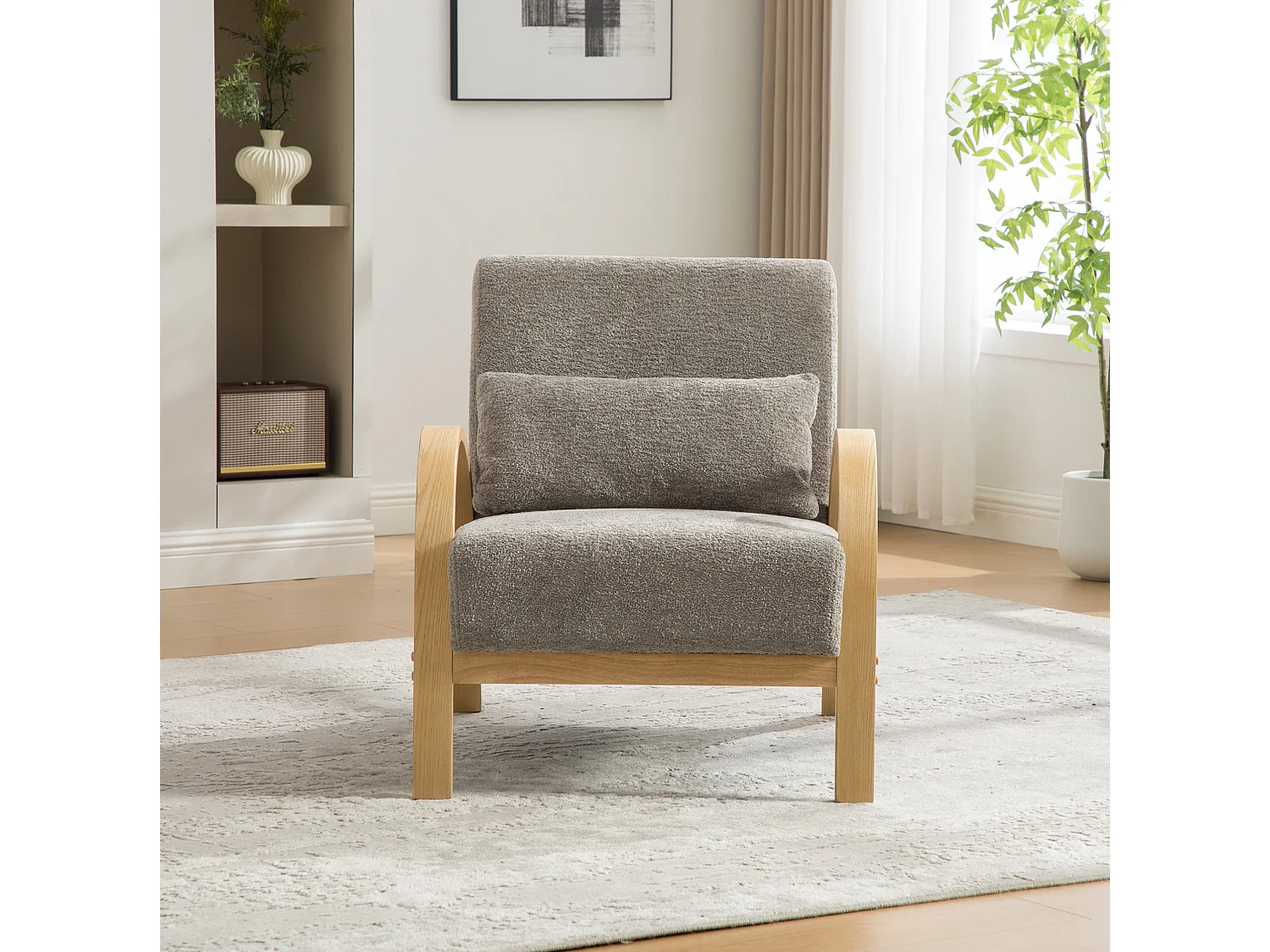 Poltrona in tessuto ciniglia con braccioli e cuscino - Struttura in legno - Grigio