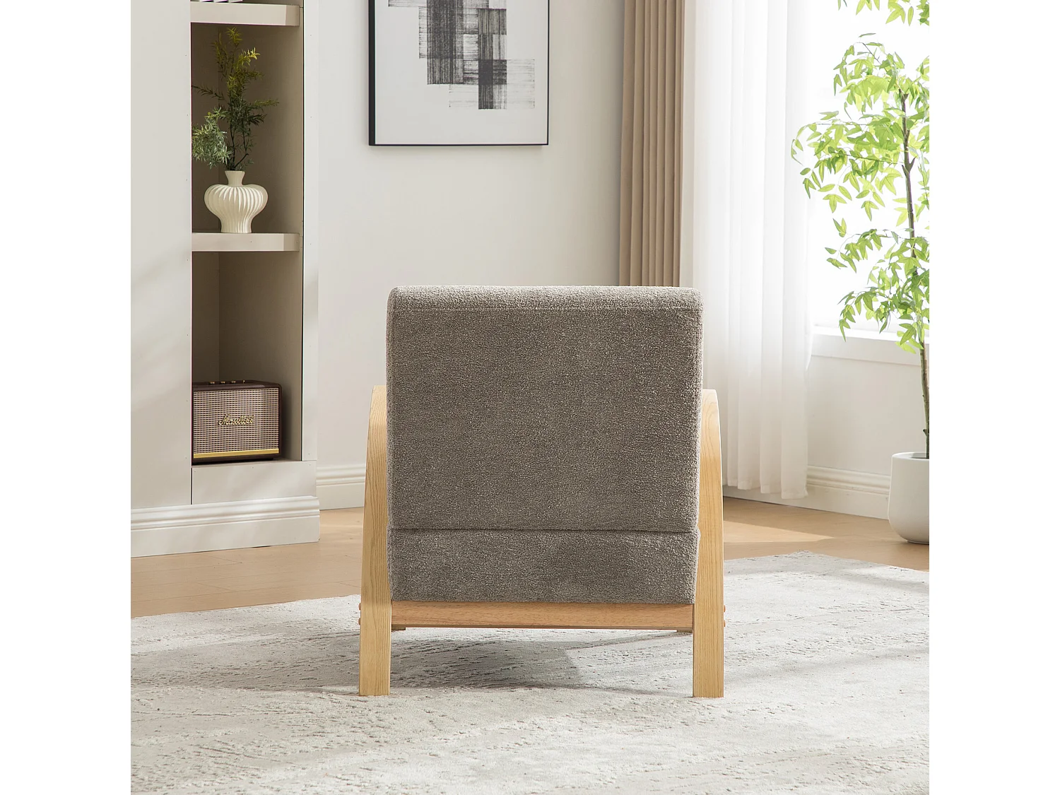 Poltrona in tessuto ciniglia con braccioli e cuscino - Struttura in legno - Grigio