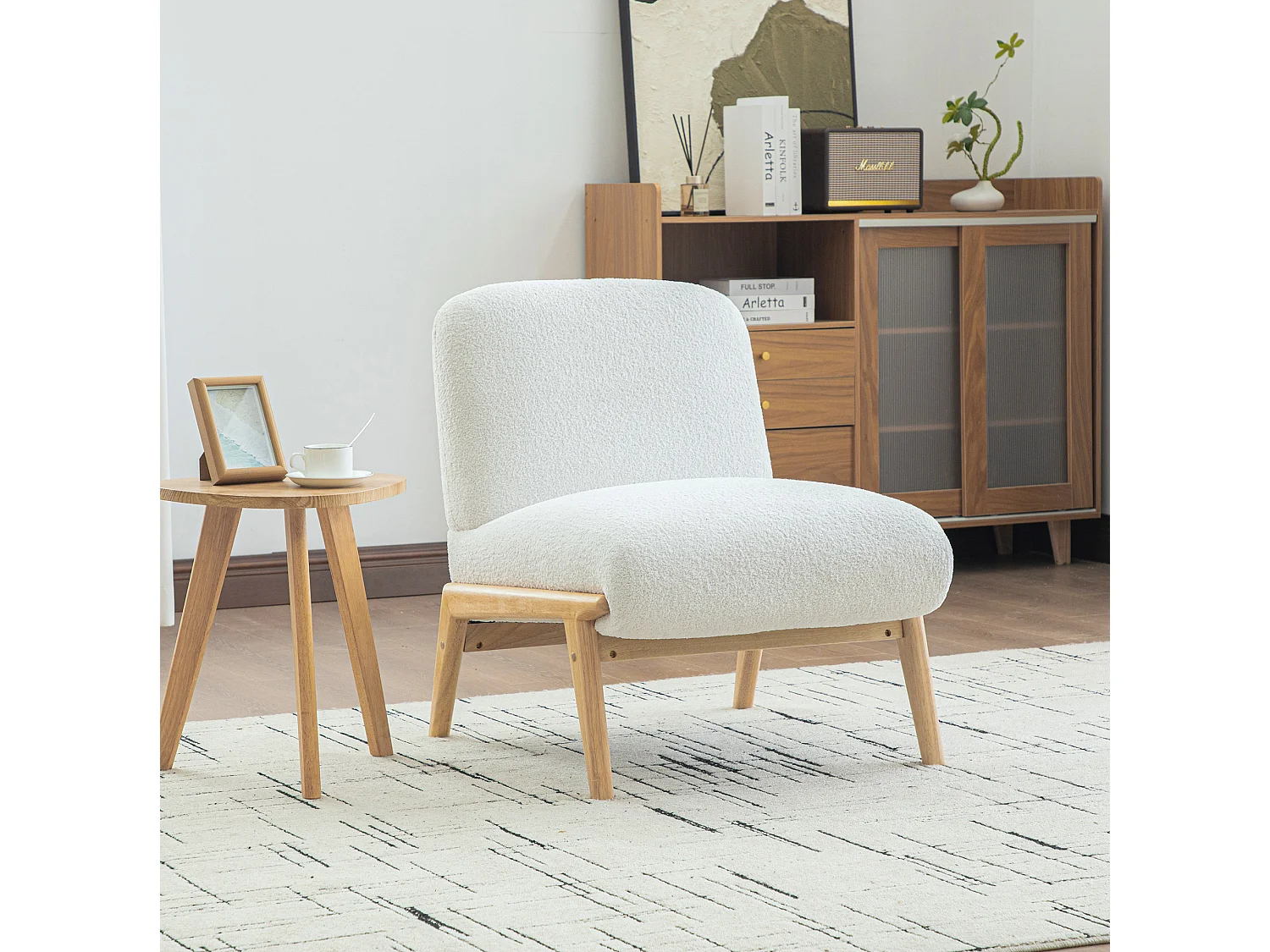 Fauteuil 74x61.5x76 cm en chenille ivoire avec pieds en bois - Sans accoudoir