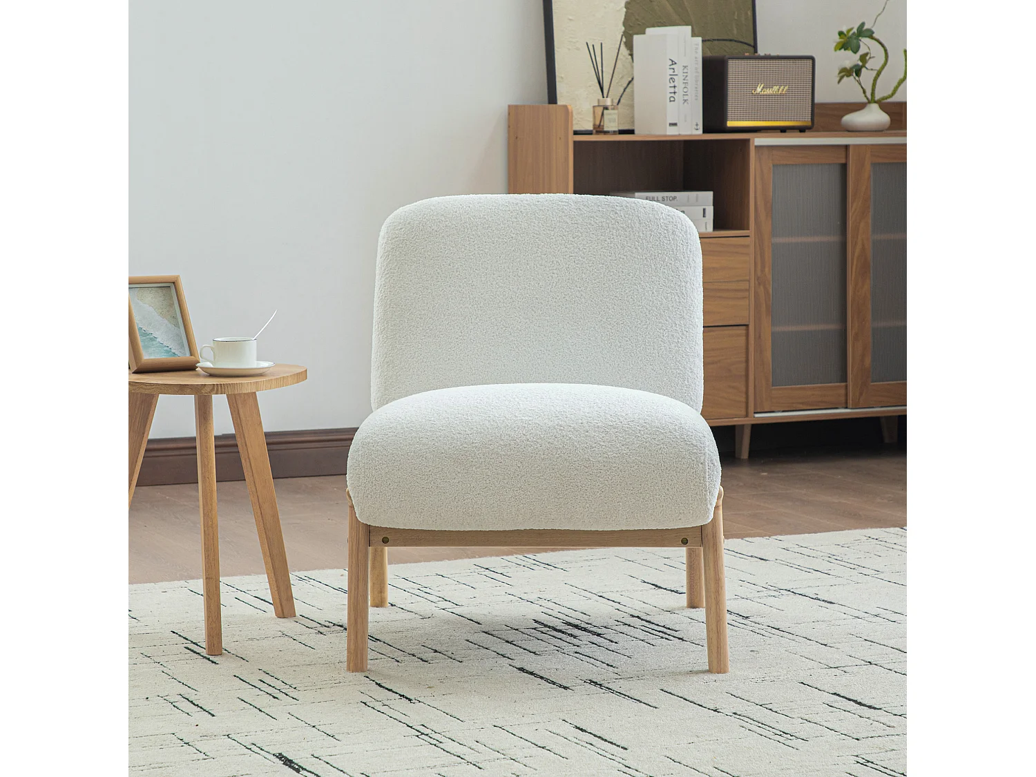 Fauteuil 74x61.5x76 cm en chenille ivoire avec pieds en bois - Sans accoudoir