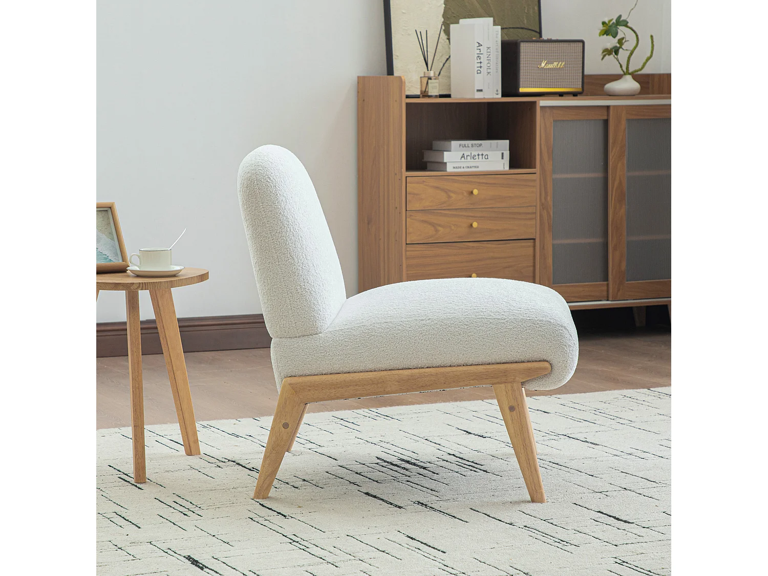 Fauteuil 74x61.5x76 cm en chenille ivoire avec pieds en bois - Sans accoudoir