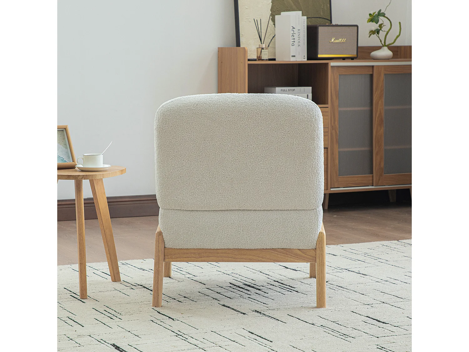 Fauteuil 74x61.5x76 cm en chenille ivoire avec pieds en bois - Sans accoudoir